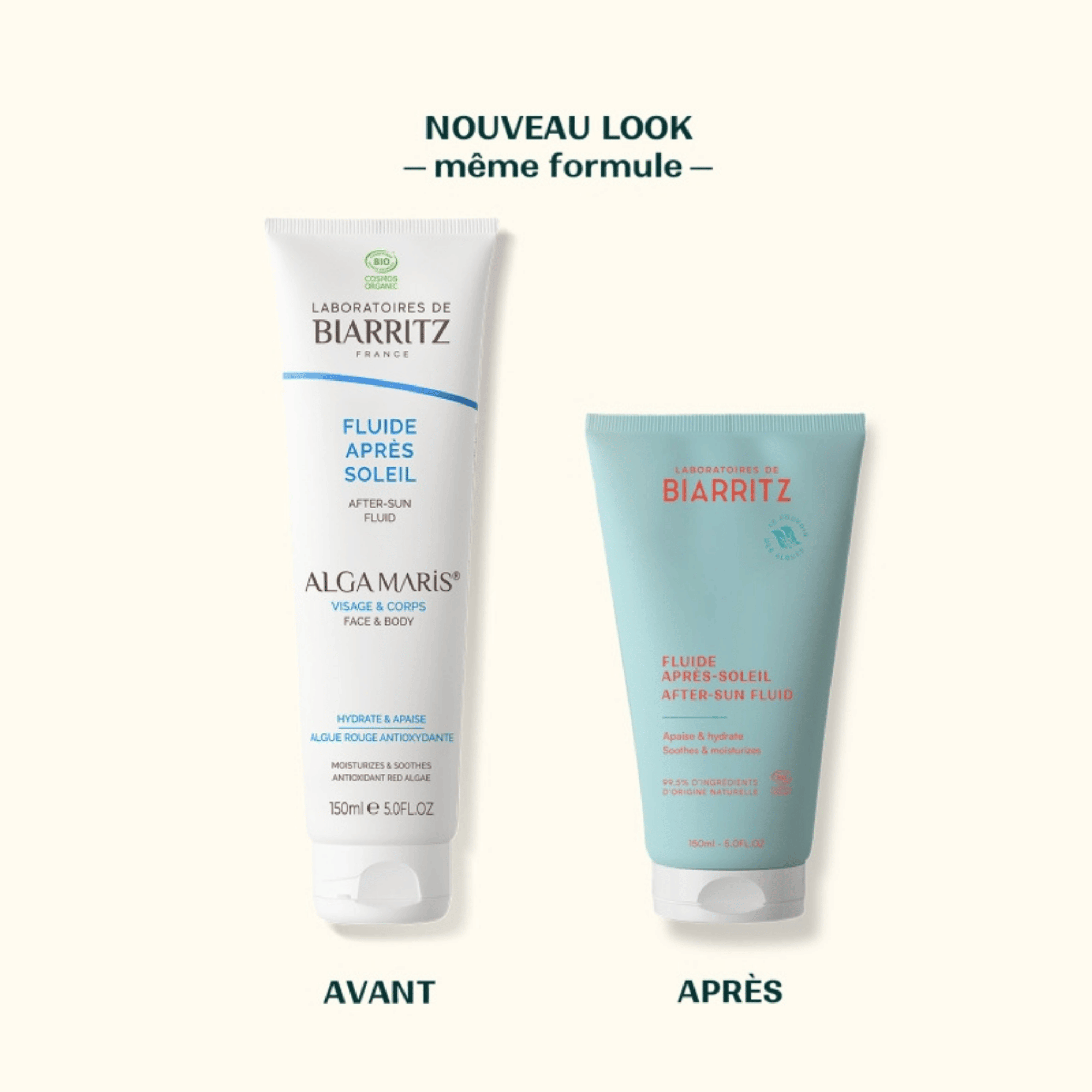 Fluide après-soleil bio Laboratoires de Biarritz 150 ml. Hydrate, apaise et rafraîchit la peau après l’exposition, visage et corps.