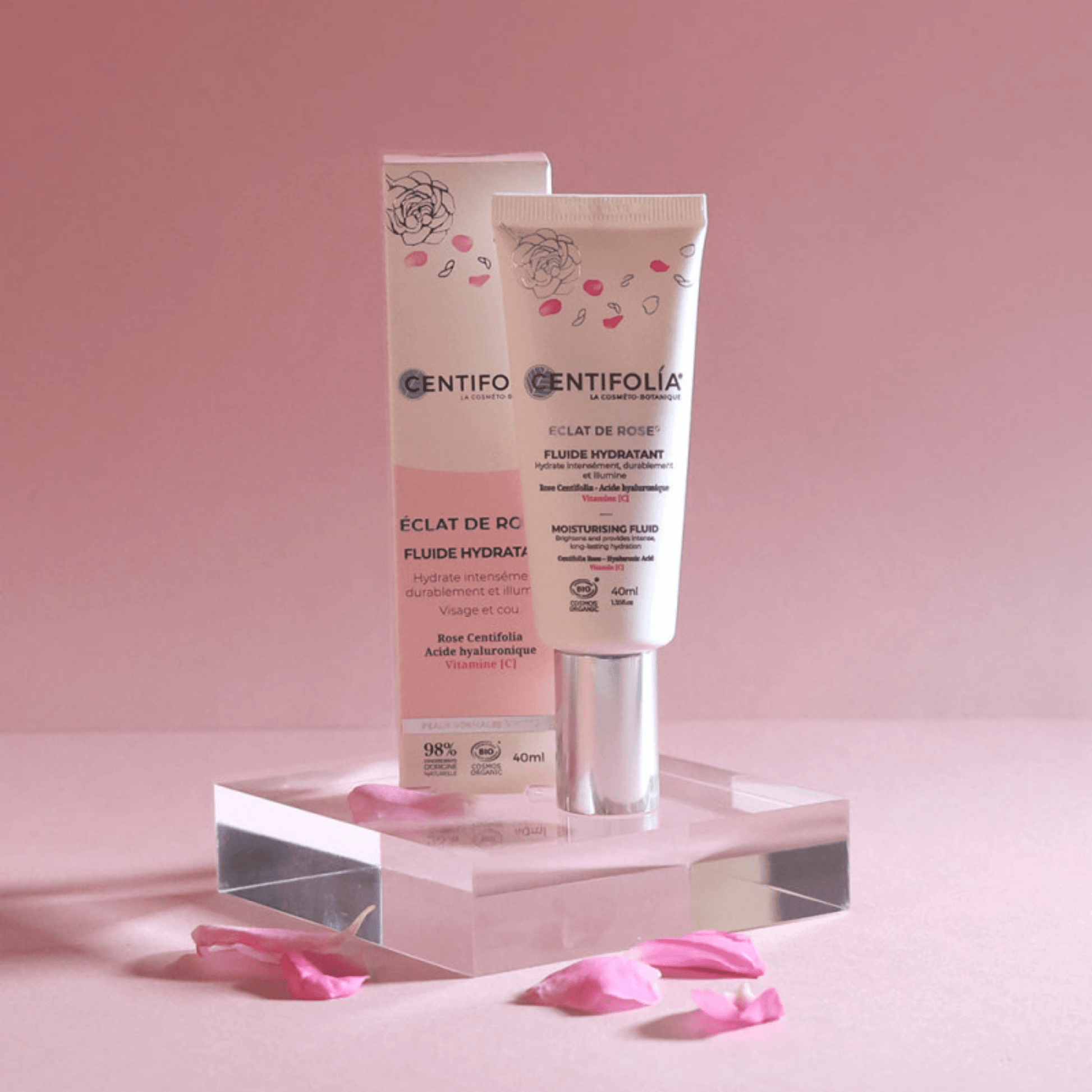 Fluide Hydratant Éclat de Rose Centifolia 40 ml à la rose bio, acide hyaluronique, vitamine C et poudre de riz.