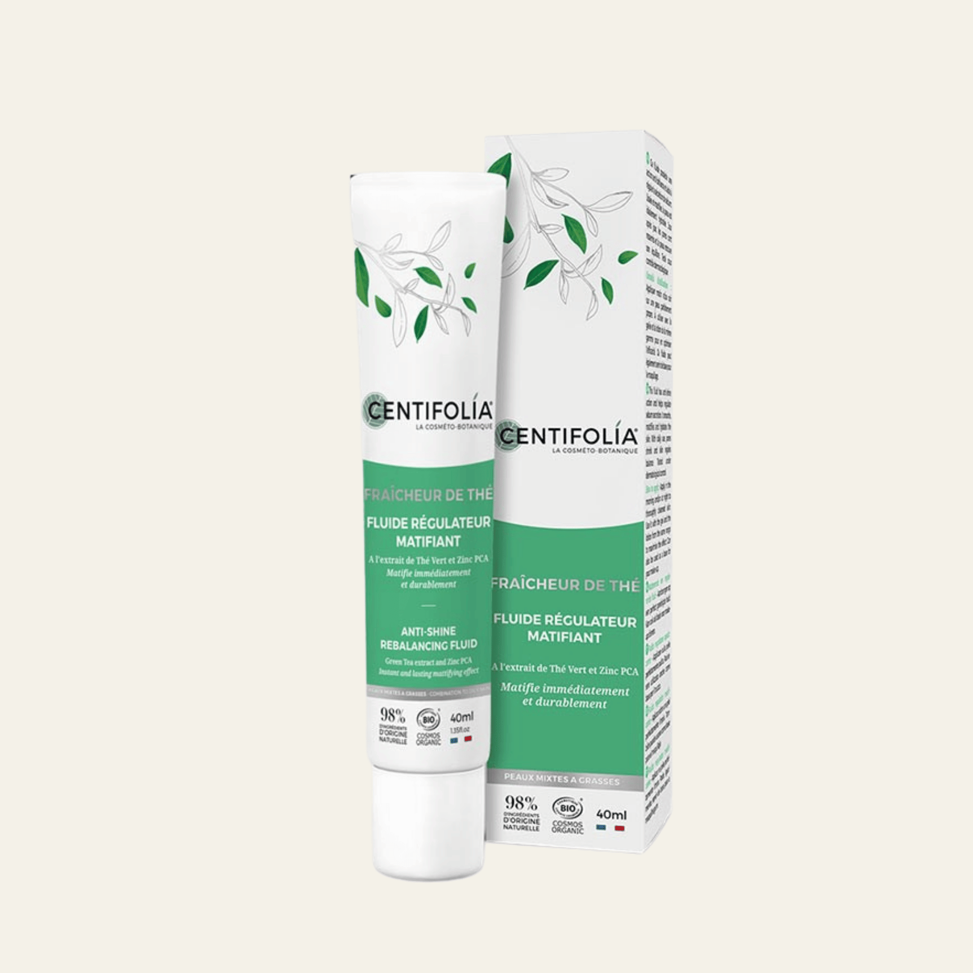 Fluide régulateur matifiant Centifolia 40 ml au thé vert bio, Zinc PCA et actif marin. Soin bio pour peaux mixtes à grasses.