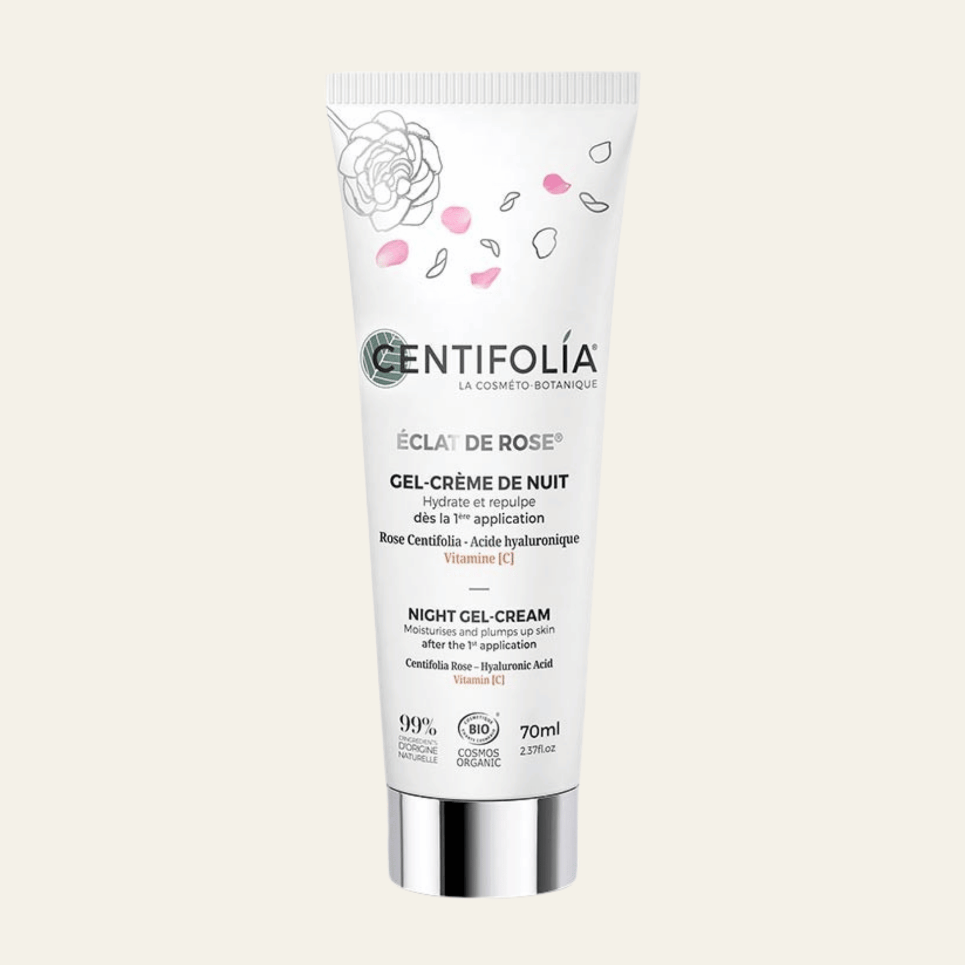 Gel-crème de nuit Éclat de Rose Centifolia 70 ml à la rose bio, acide hyaluronique et vitamine C. Hydrate, repulpe et illumine.