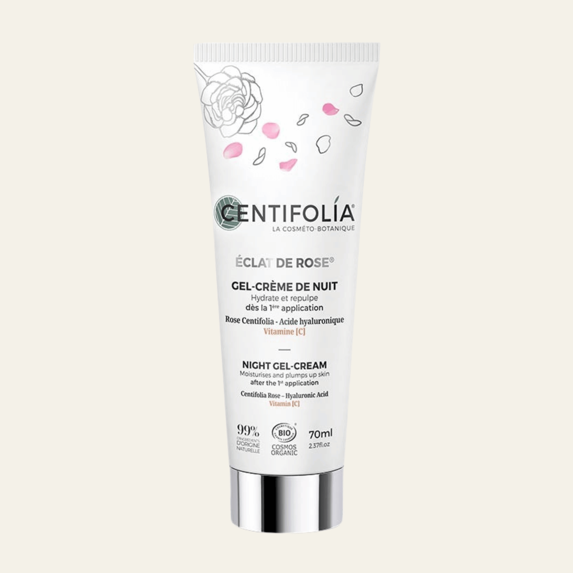 Gel-crème de nuit Éclat de Rose Centifolia 70 ml à la rose bio, acide hyaluronique et vitamine C. Hydrate, repulpe et illumine.