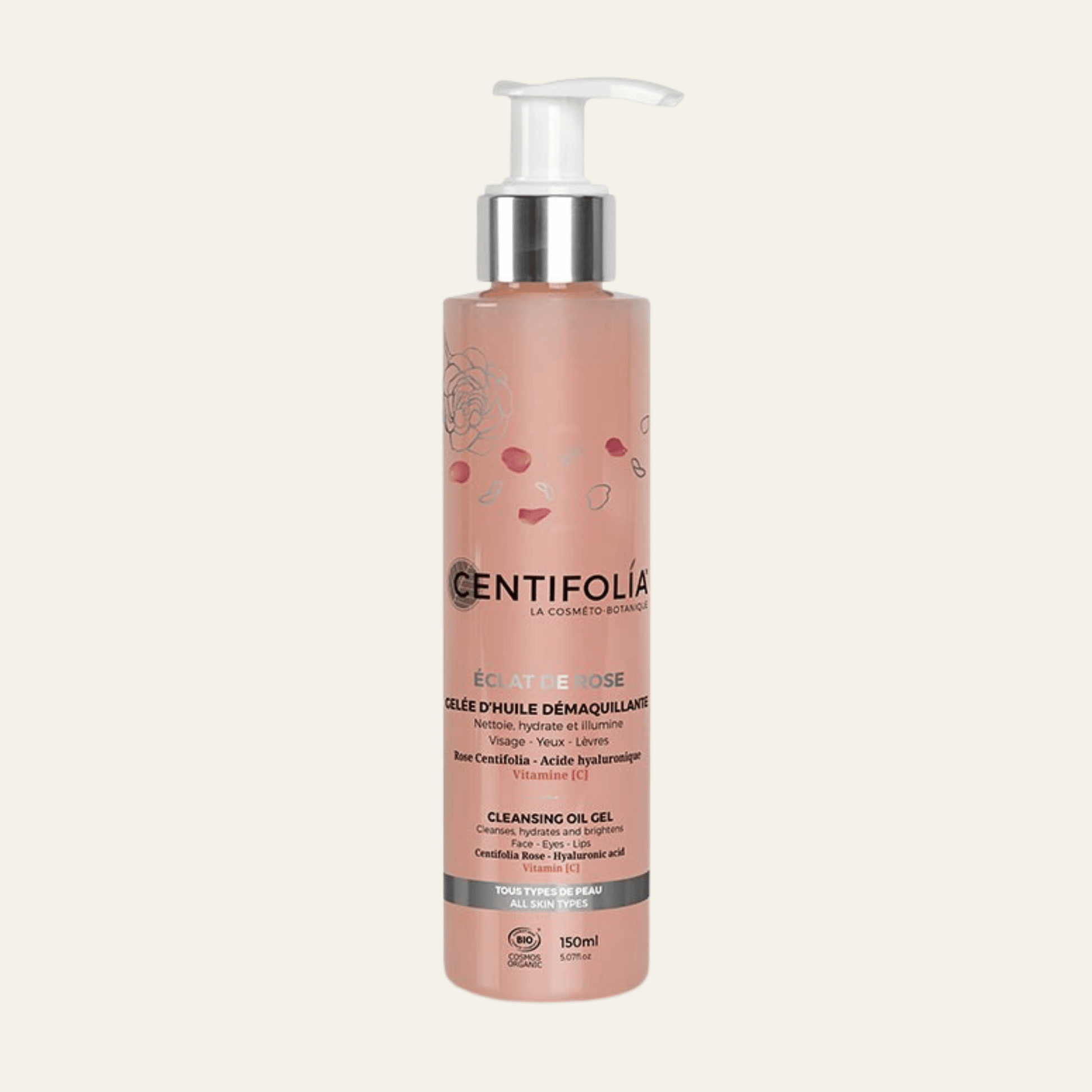 Gelée d’huile démaquillante Éclat de Rose Centifolia 150 ml à la rose bio, acide hyaluronique, vitamine C et huile de ricin.