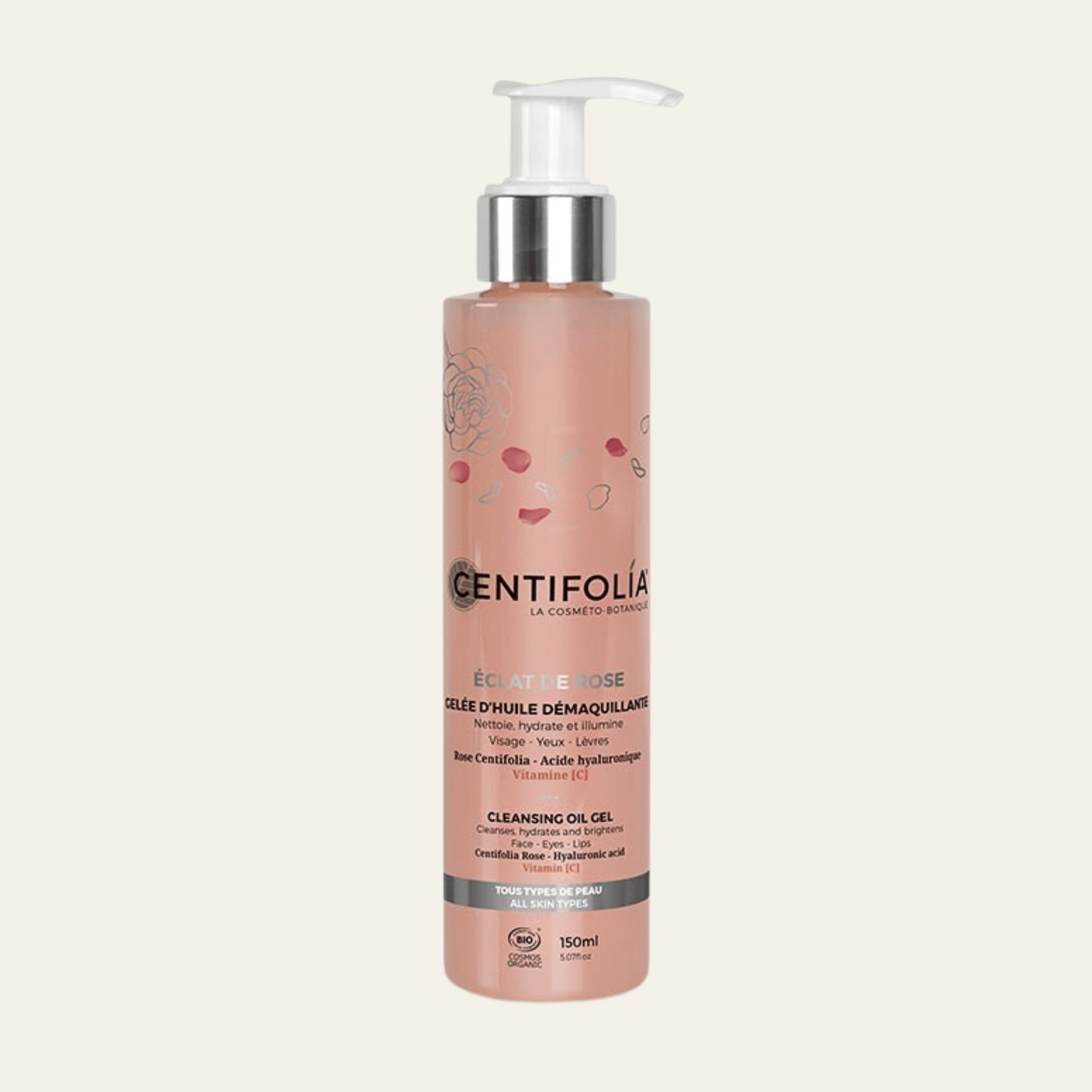 Gelée d’huile démaquillante Éclat de Rose Centifolia 150 ml à la rose bio, acide hyaluronique, vitamine C et huile de ricin.