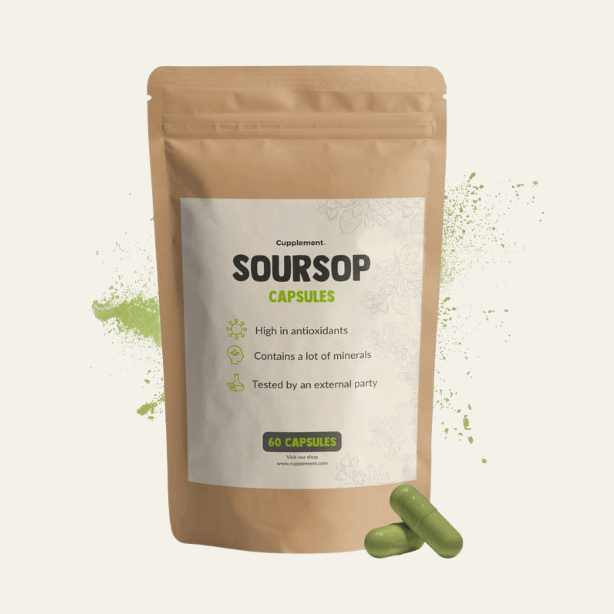 Gélules de corossol graviola 500 mg, extrait 10:1. Formule vegan, sans gluten et sans additifs, en format 60 gélules.