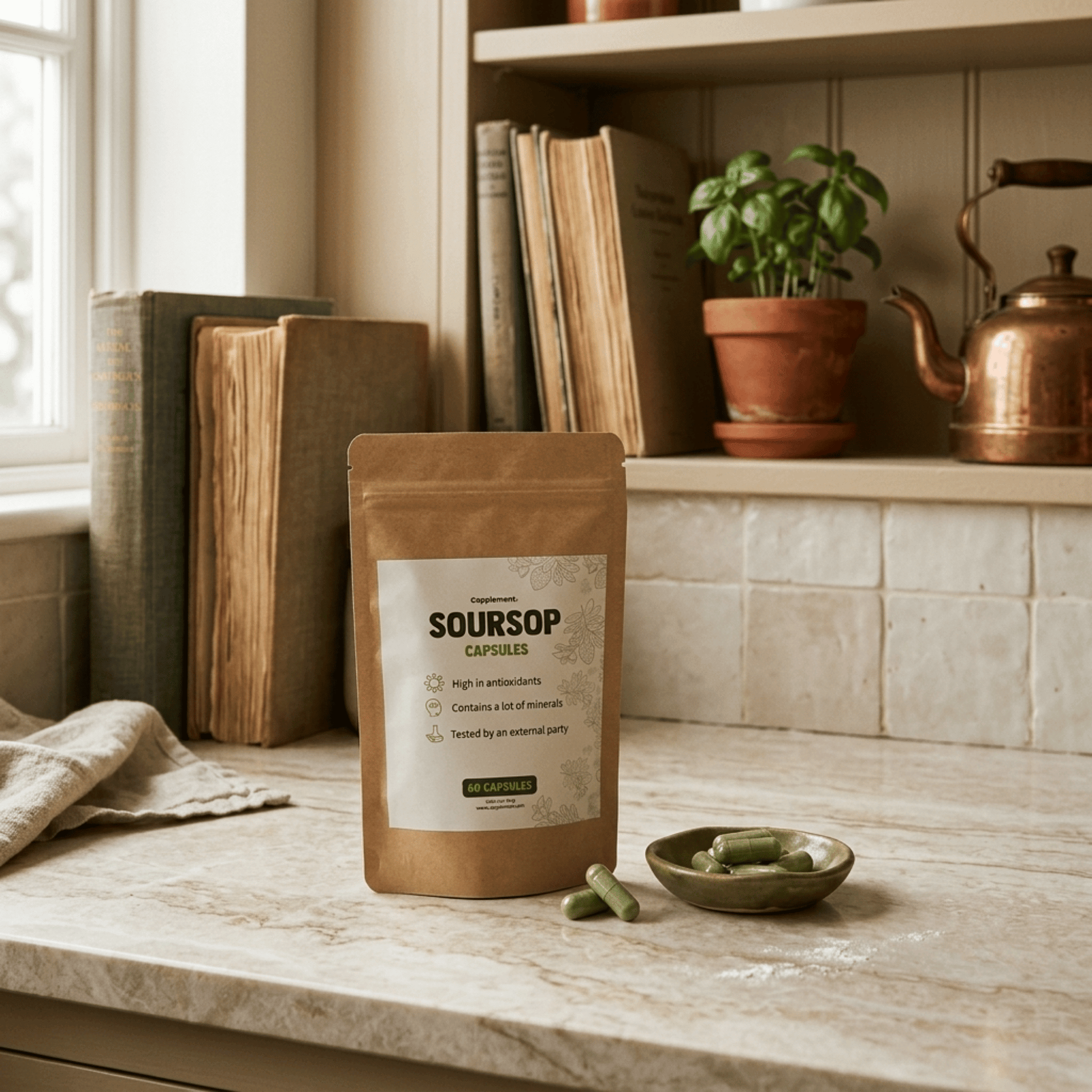 Gélules de corossol graviola 500 mg, extrait 10:1. Formule vegan, sans gluten et sans additifs, en format 60 gélules.
