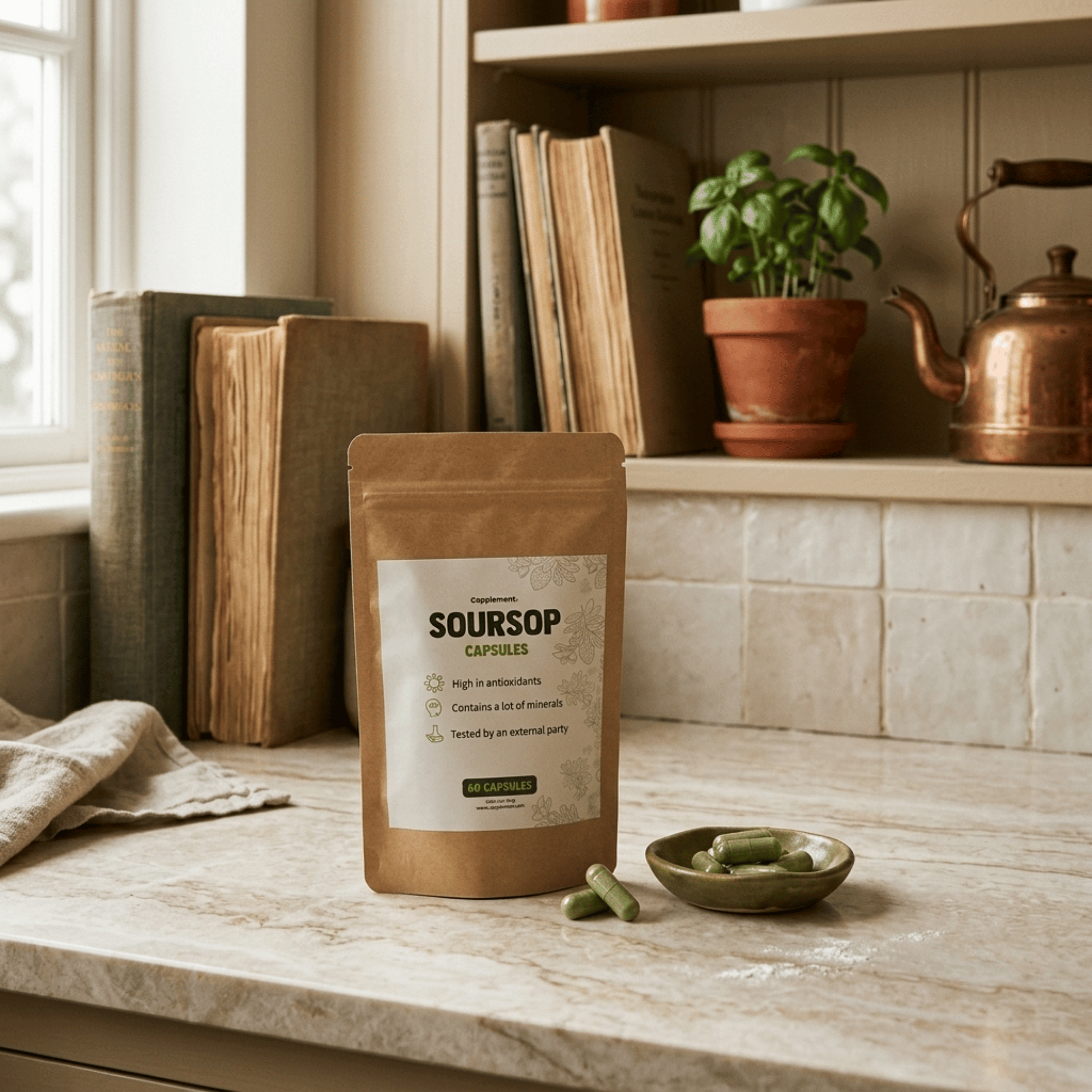 Gélules de corossol graviola 500 mg, extrait 10:1. Formule vegan, sans gluten et sans additifs, en format 60 gélules.