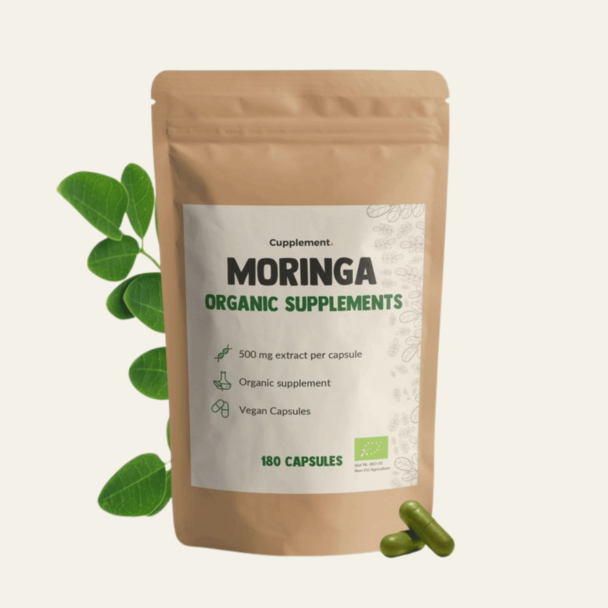 Gélules de moringa bio 500 mg, format 60 gélules. Vegan, sans gluten et sans additifs