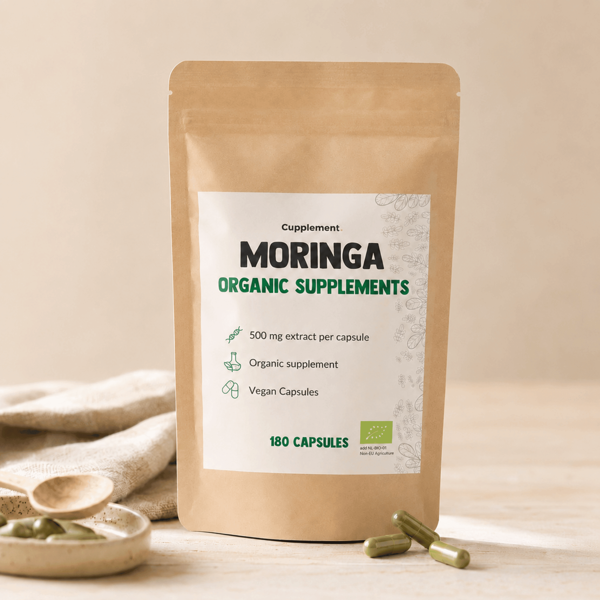 Gélules de moringa bio 500 mg, format 60 gélules. Vegan, sans gluten et sans additifs