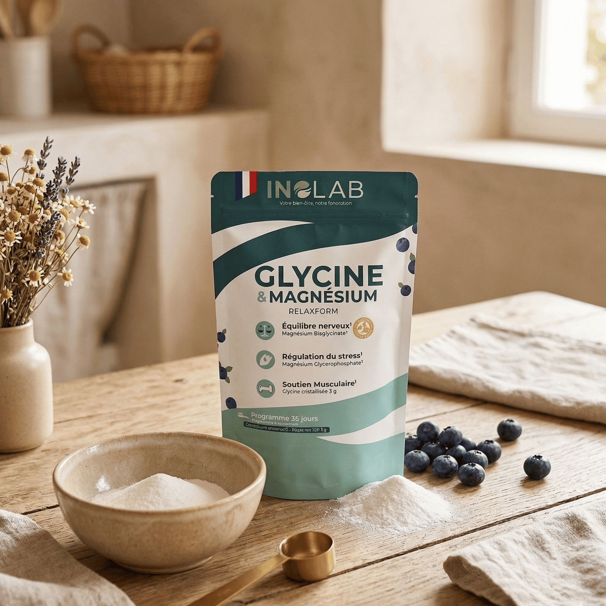 Poudre de magnésium et glycine pour l'équilibre nerveux, bio, suisse, vendu chez terrame