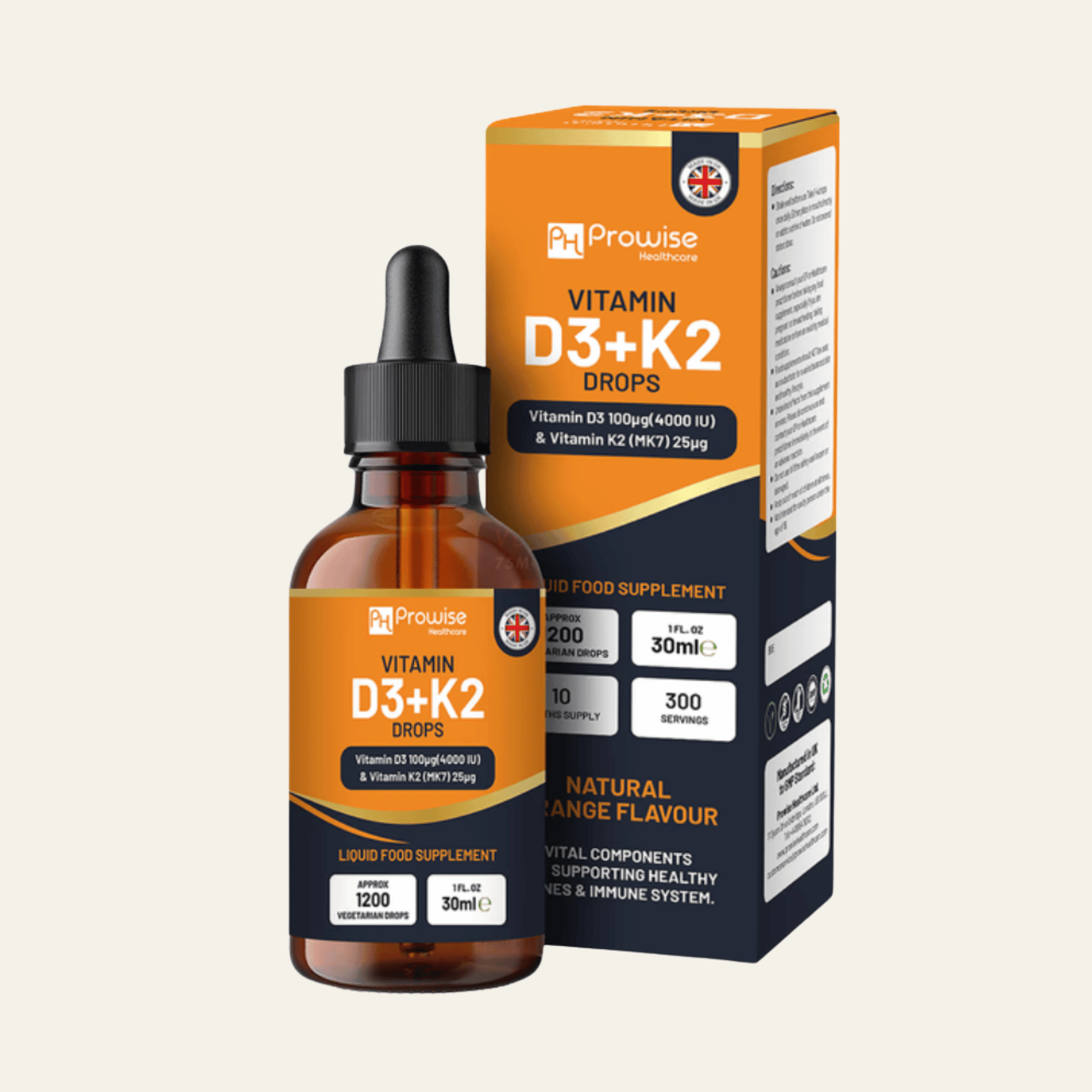 Gouttes vitamine D3 + K2 MK7 Prowise au goût orange. 30 ml, 1200 gouttes, 300 doses pour immunité, os et muscles.