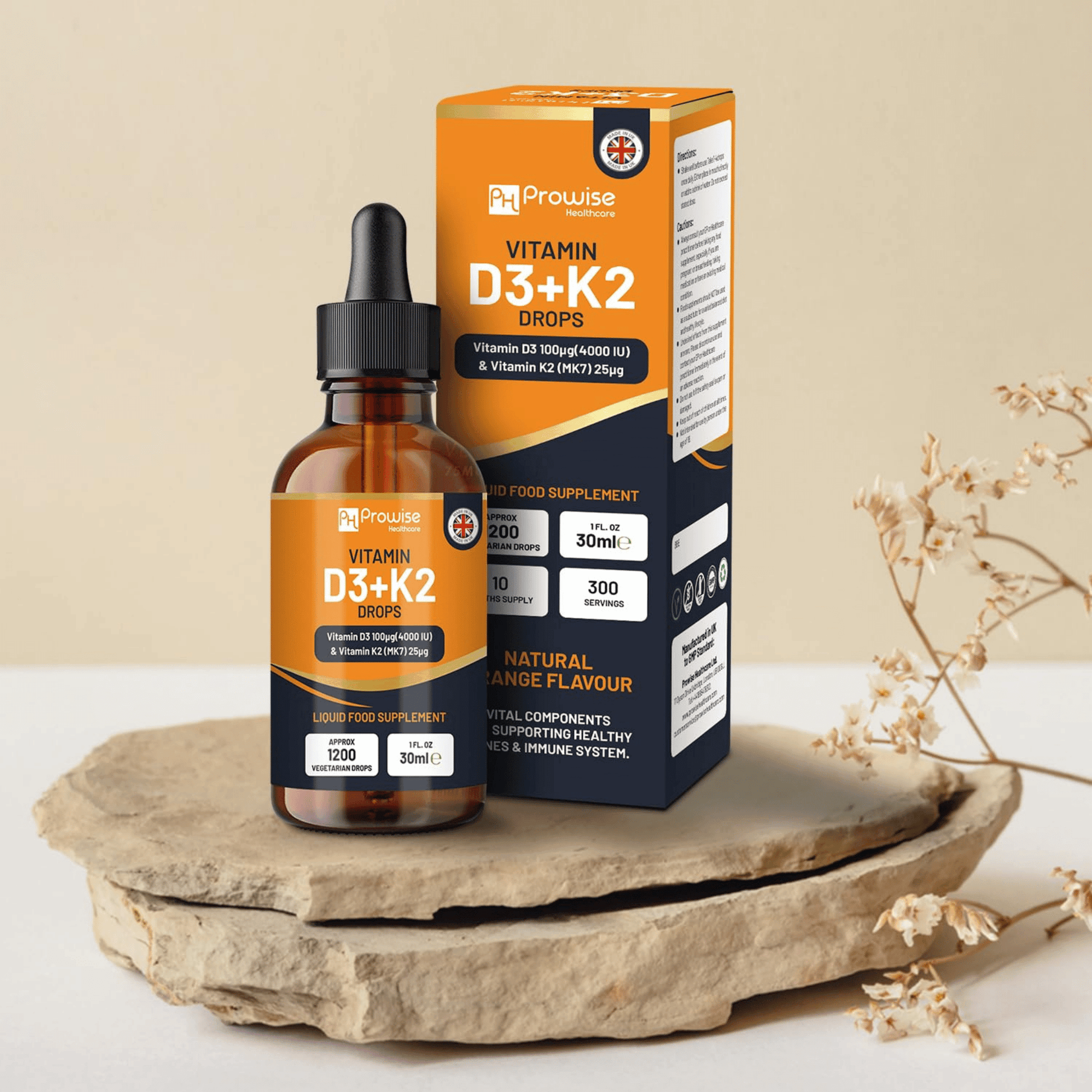 Gouttes vitamine D3 + K2 MK7 Prowise au goût orange. 30 ml, 1200 gouttes, 300 doses pour immunité, os et muscles.