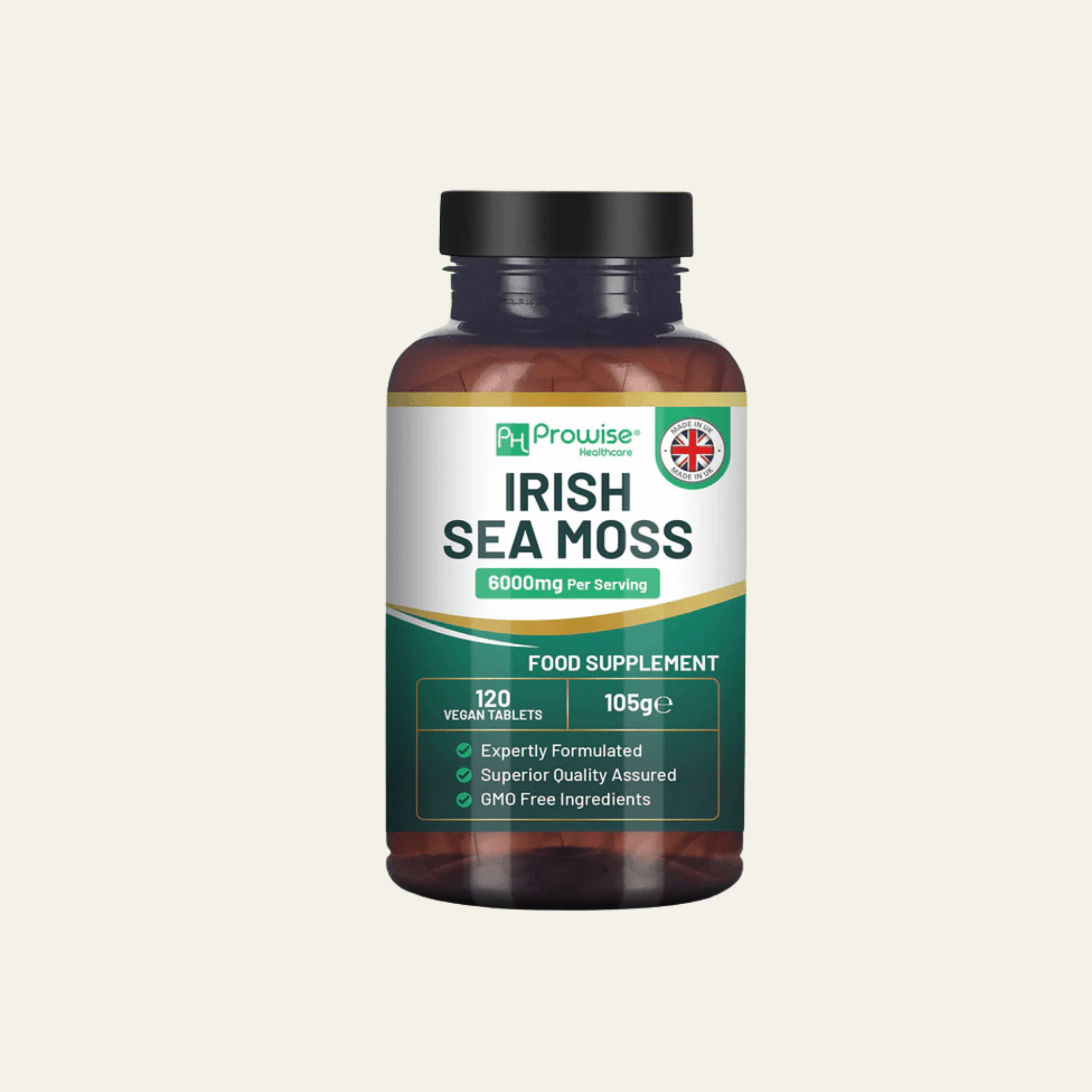 Irish Sea Moss Prowise 6000 mg par portion. 120 comprimés vegan, extrait 15:1, source naturelle d’iode et de minéraux.