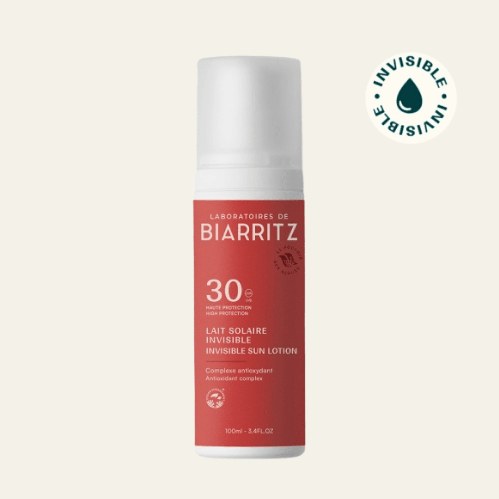 Lait solaire invisible Laboratoires de Biarritz SPF30 ou SPF50, 100 ml. Visage et corps, aloe vera bio, fini invisible, vegan.