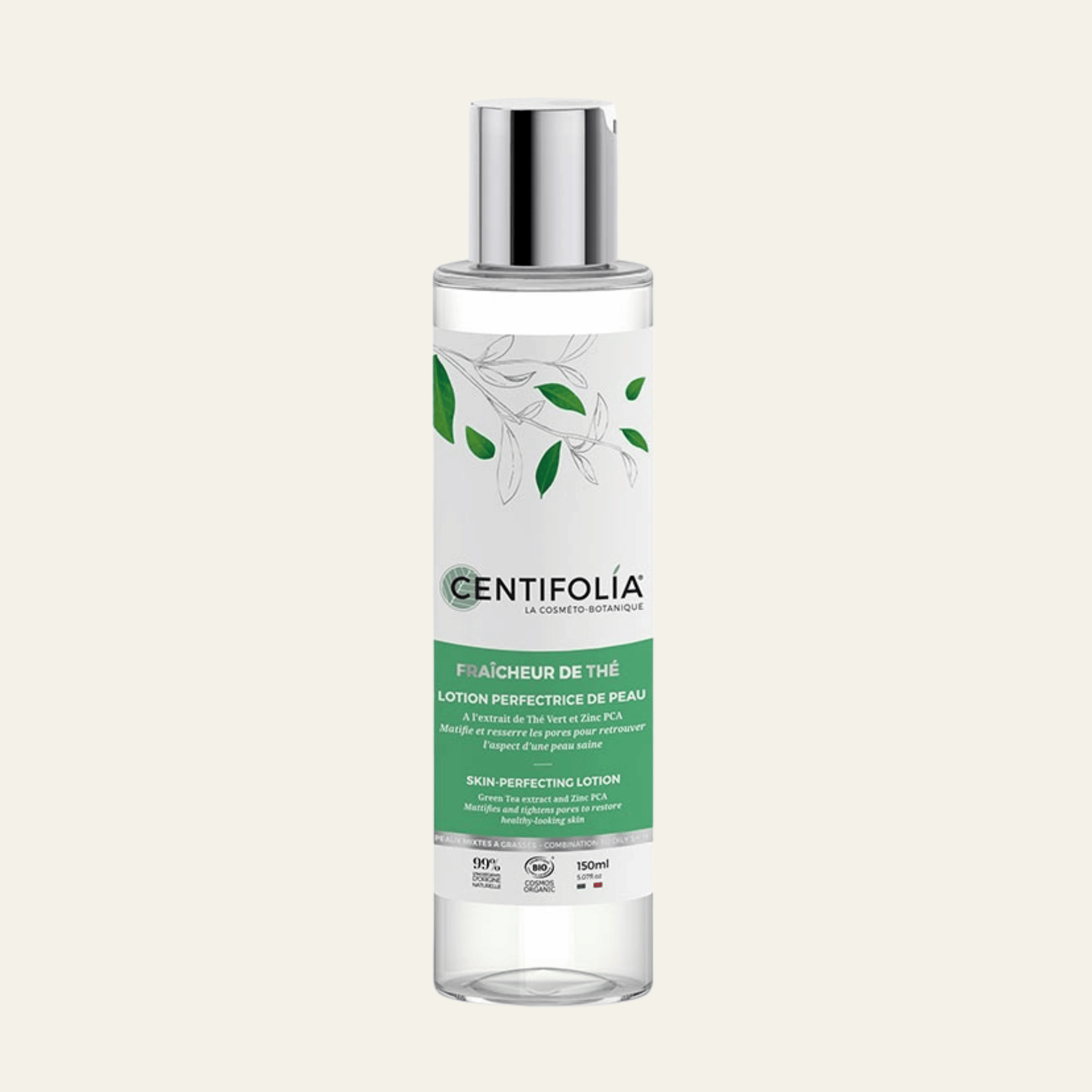 Lotion perfectrice matifiante Centifolia 150 ml au thé vert bio, hamamélis bio et Zinc PCA. Sans alcool, pour peaux mixtes à grasses.