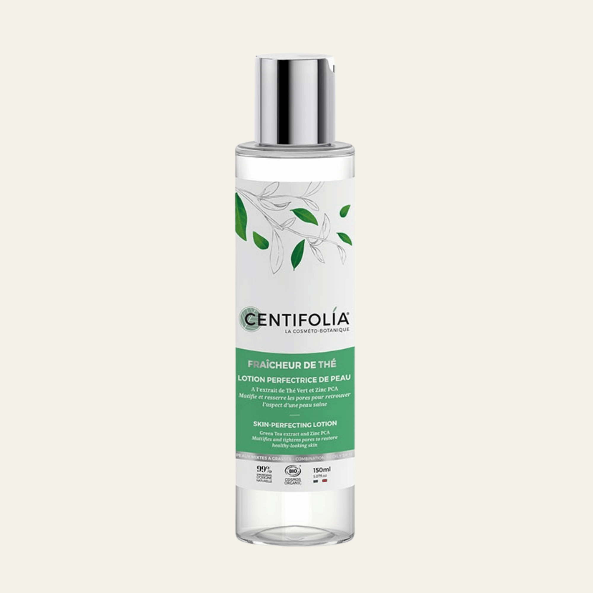 Lotion perfectrice matifiante Centifolia 150 ml au thé vert bio, hamamélis bio et Zinc PCA. Sans alcool, pour peaux mixtes à grasses.