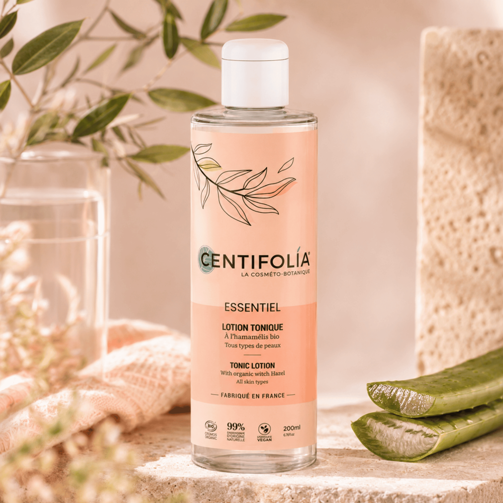 Lotion tonique bio Centifolia 200 ml à l’hamamélis et aloe vera. Sans alcool, vegan, COSMOS ORGANIC, pour tous types de peaux.
