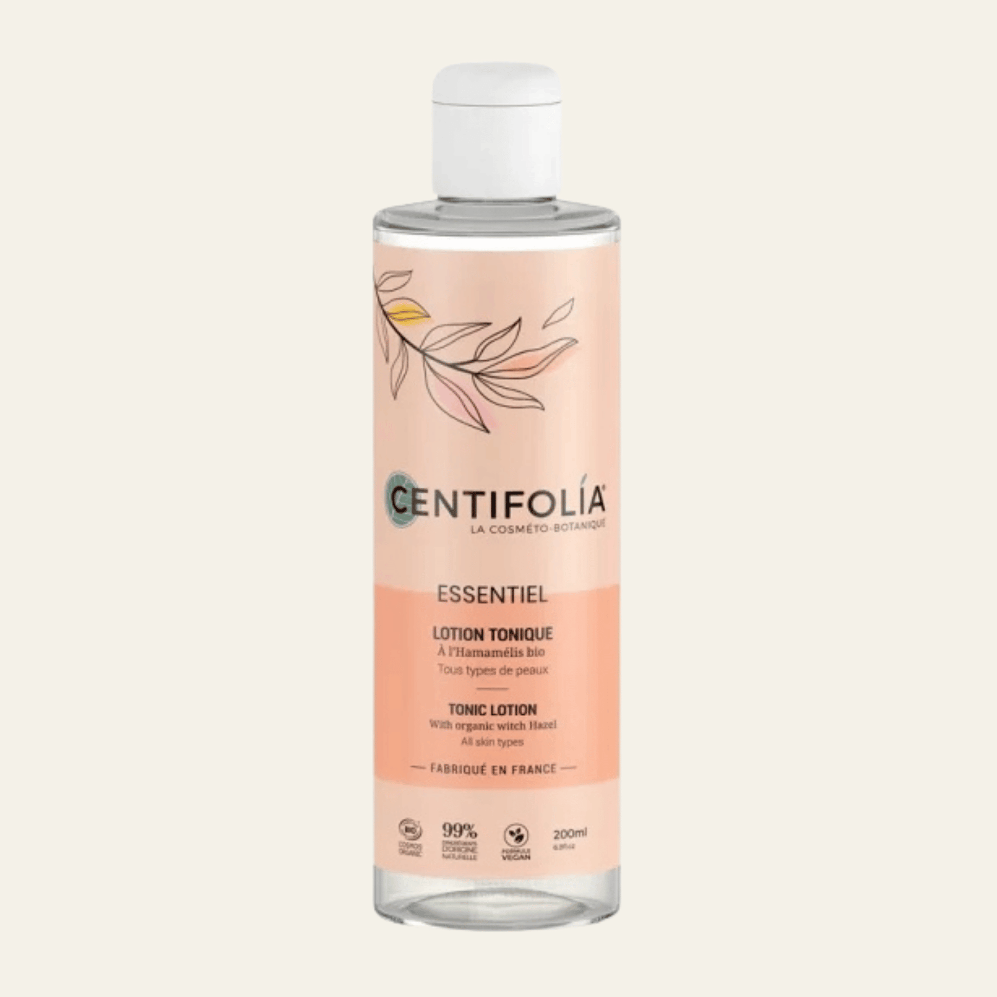 Lotion tonique bio Centifolia 200 ml à l’hamamélis et aloe vera. Sans alcool, vegan, COSMOS ORGANIC, pour tous types de peaux.