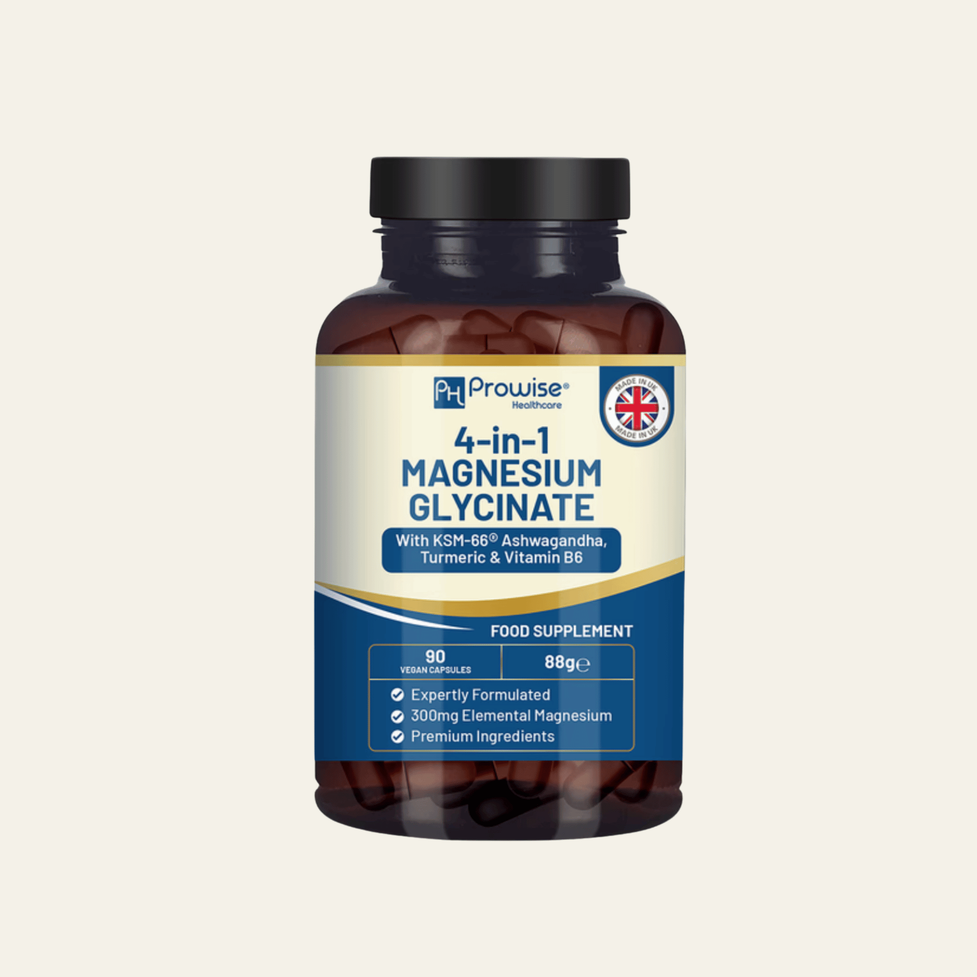 Complexe vegan avec magnésium glycinate, KSM-66, curcuma et vitamine B6. 90 capsules pour détente, vitalité et équilibre nerveux.