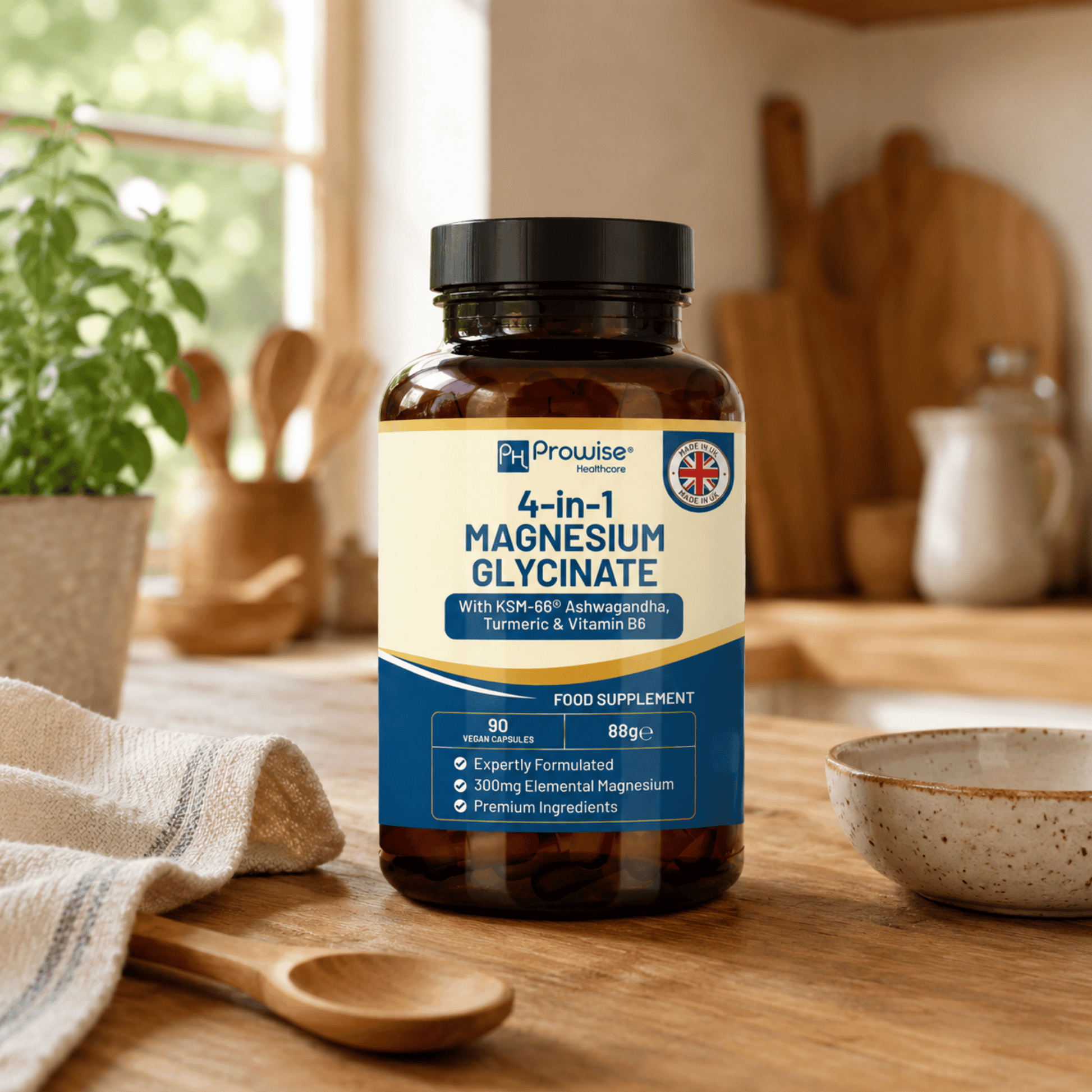 Complexe vegan avec magnésium glycinate, KSM-66, curcuma et vitamine B6. 90 capsules pour détente, vitalité et équilibre nerveux.