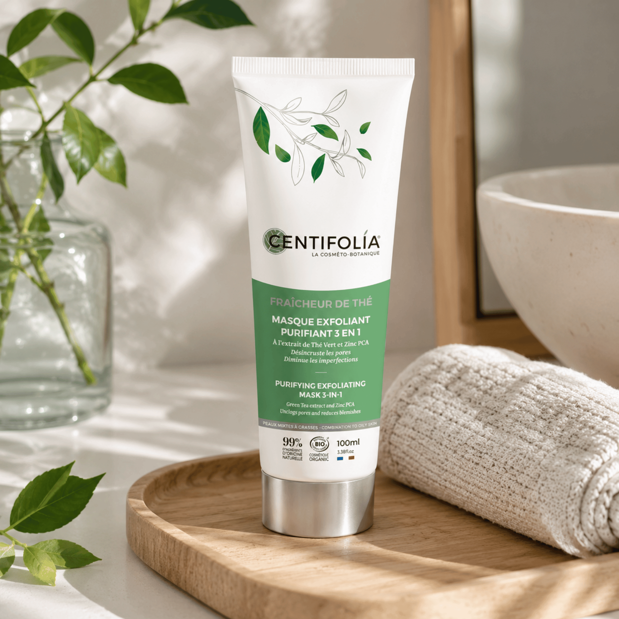 Masque exfoliant purifiant 3 en 1 Centifolia 100 ml au thé vert bio, argile blanche, poudre de riz et Zinc PCA. Peaux mixtes à grasses.