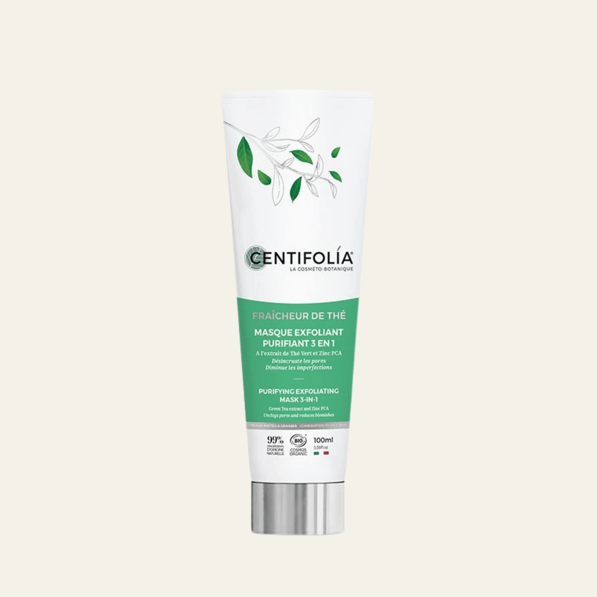 Masque exfoliant purifiant 3 en 1 Centifolia 100 ml au thé vert bio, argile blanche, poudre de riz et Zinc PCA. Peaux mixtes à grasses.