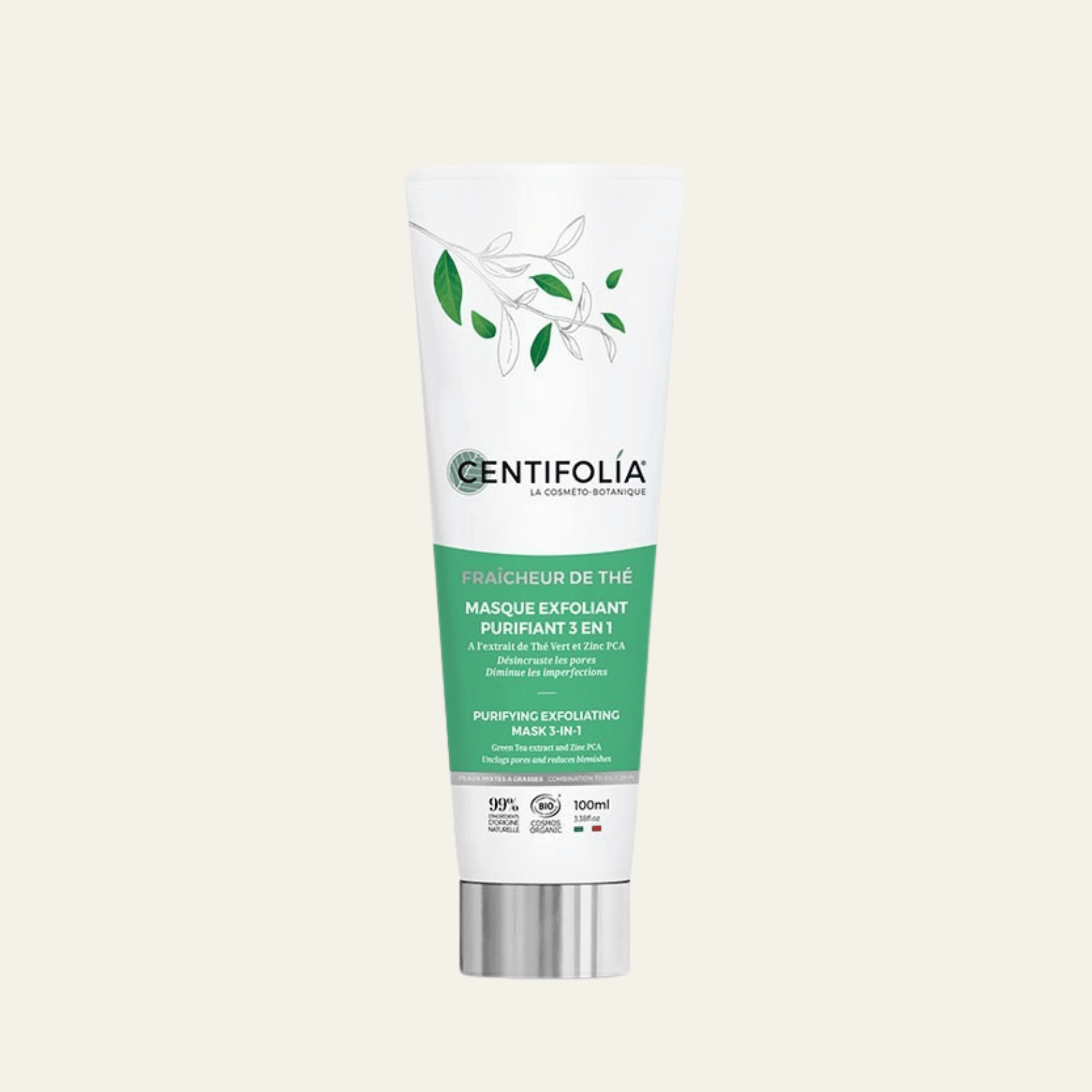 Masque exfoliant purifiant 3 en 1 Centifolia 100 ml au thé vert bio, argile blanche, poudre de riz et Zinc PCA. Peaux mixtes à grasses.