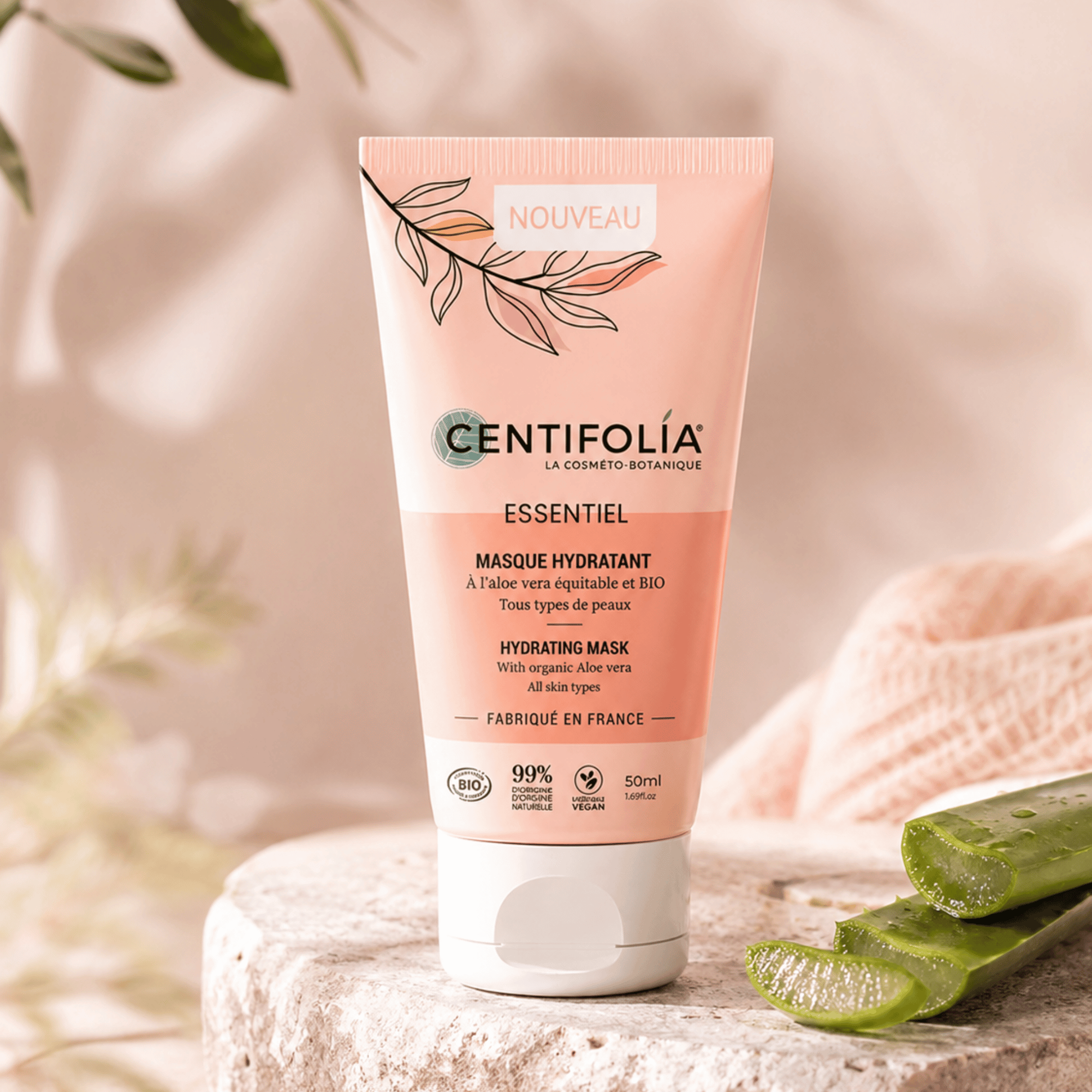 Masque Hydratant Essentiel Centifolia 50 ml à l’aloe vera bio, karité et amande douce. Soin visage bio, vegan et fabriqué en France.
