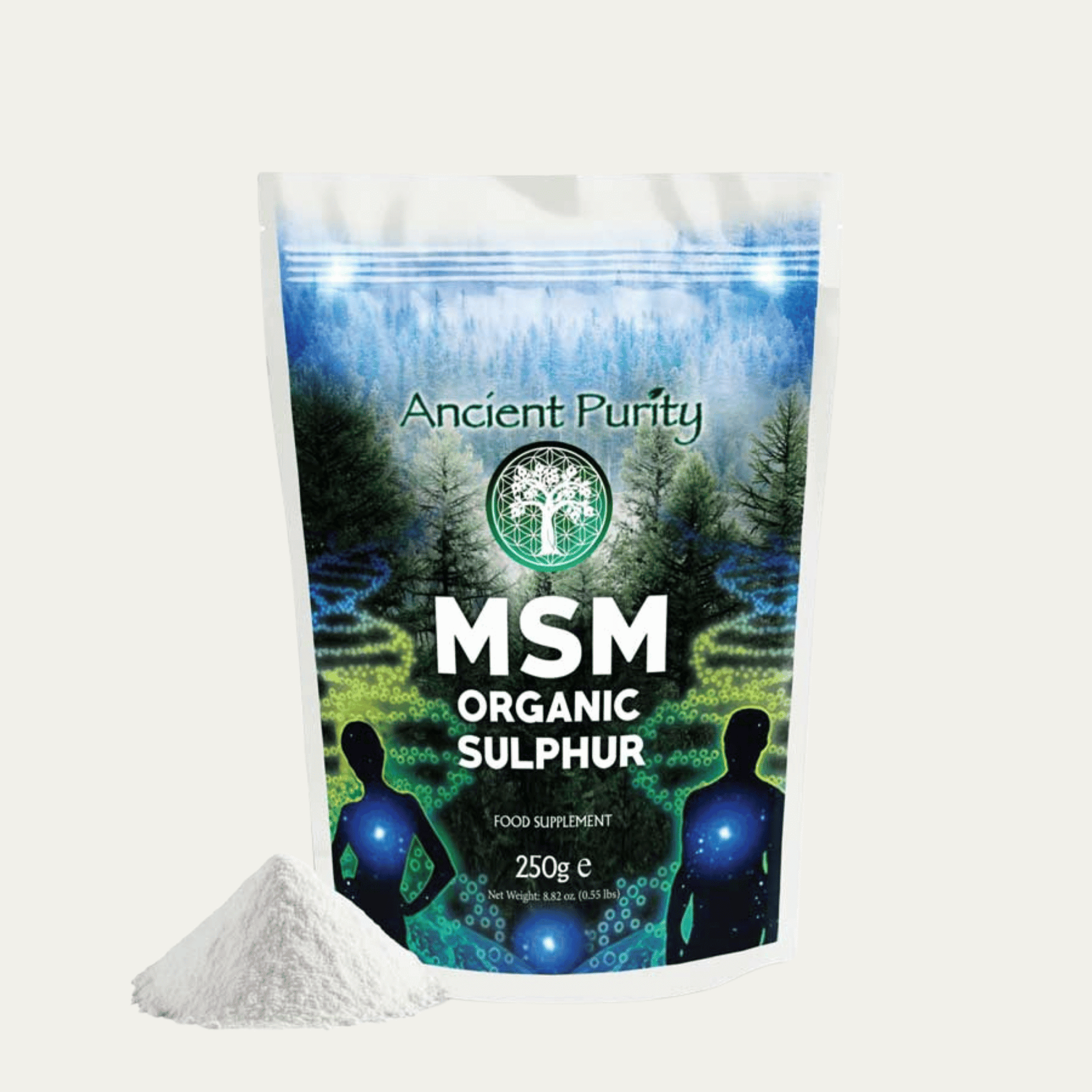 MSM Soufre Organique Ancient Purity, poudre 99% pure issue de lignanes de pin. Pour routines articulations, peau, cheveux et ongles.