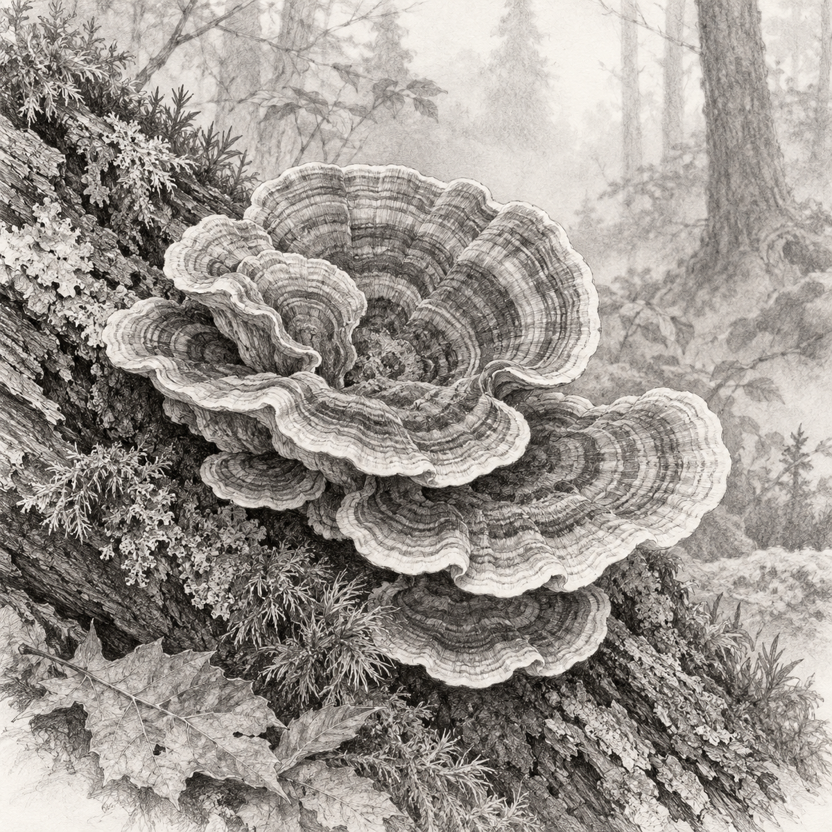 Coriolus Trametes versicolor – illustration botanique MycoForce