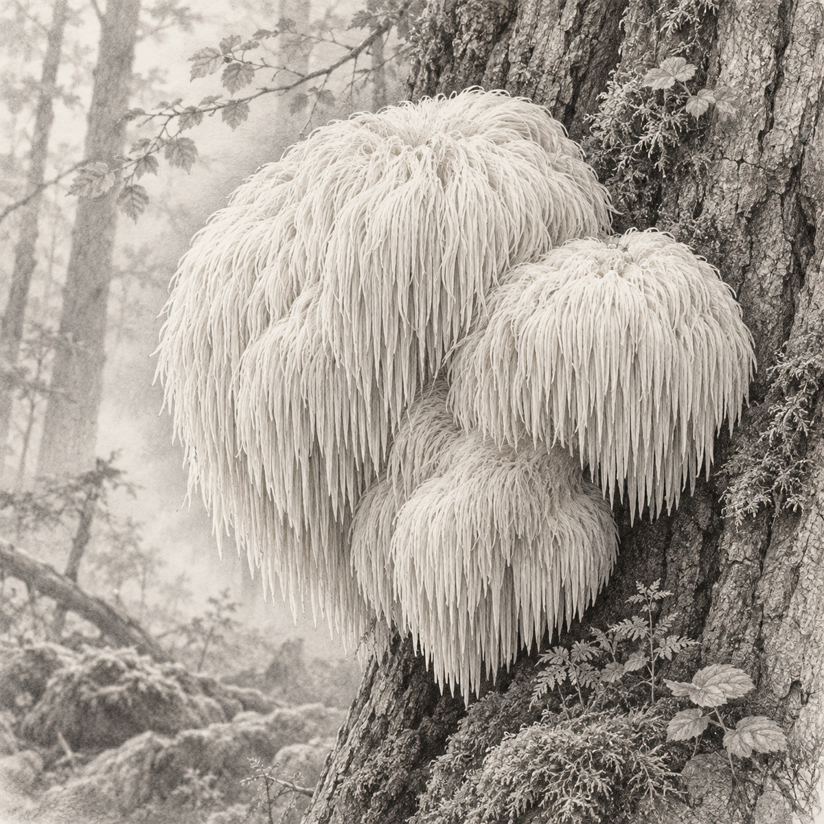 Héricium Hericium erinaceus – illustration botanique MycoForce