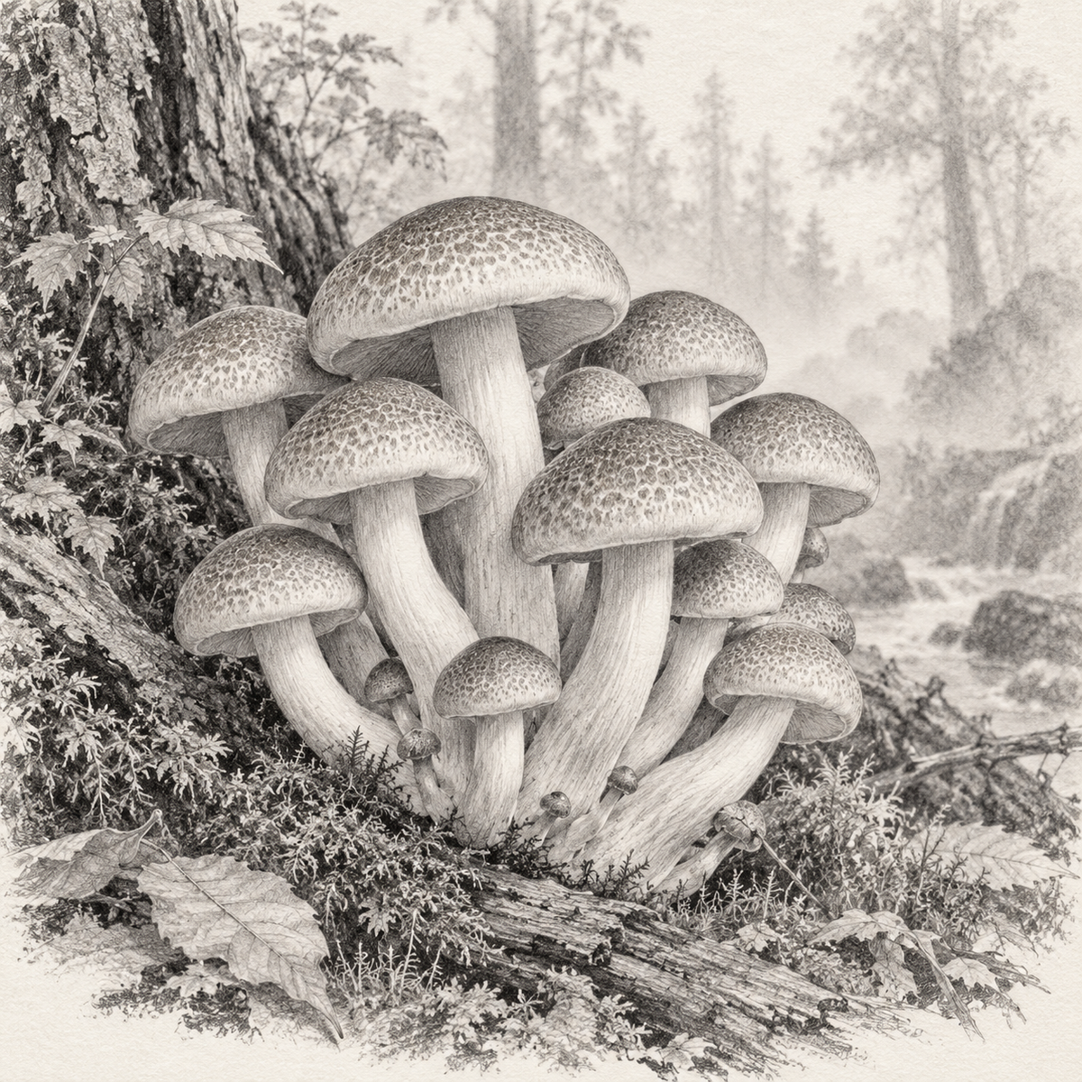 Hypsizygus tessulatus – illustration botanique MycoForce