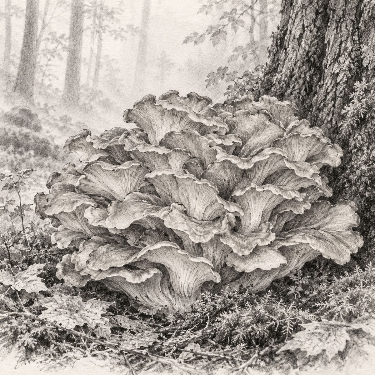 Maïtaké Grifola frondosa – illustration botanique MycoForce