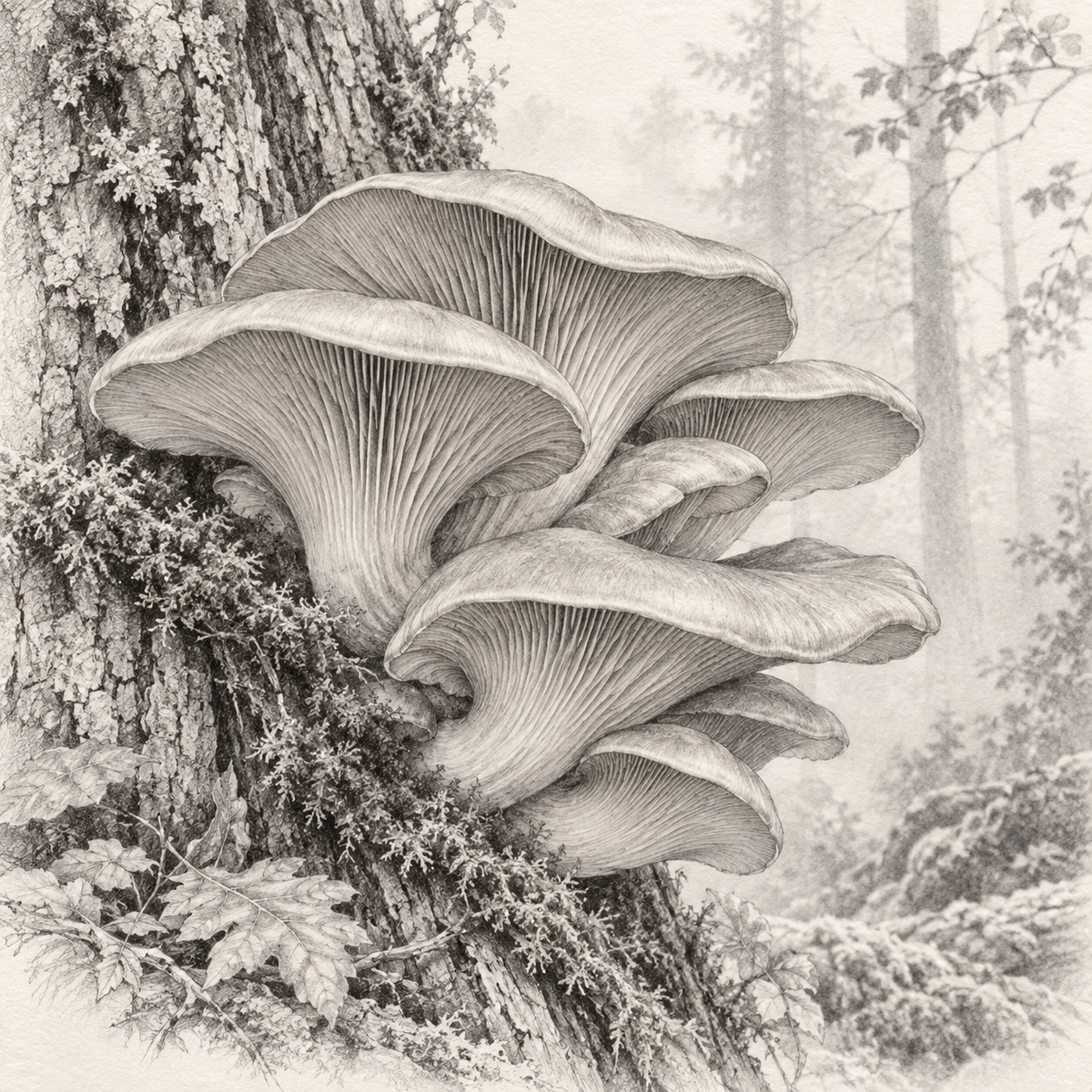 Pleurotus ostreatus – illustration botanique MycoForce