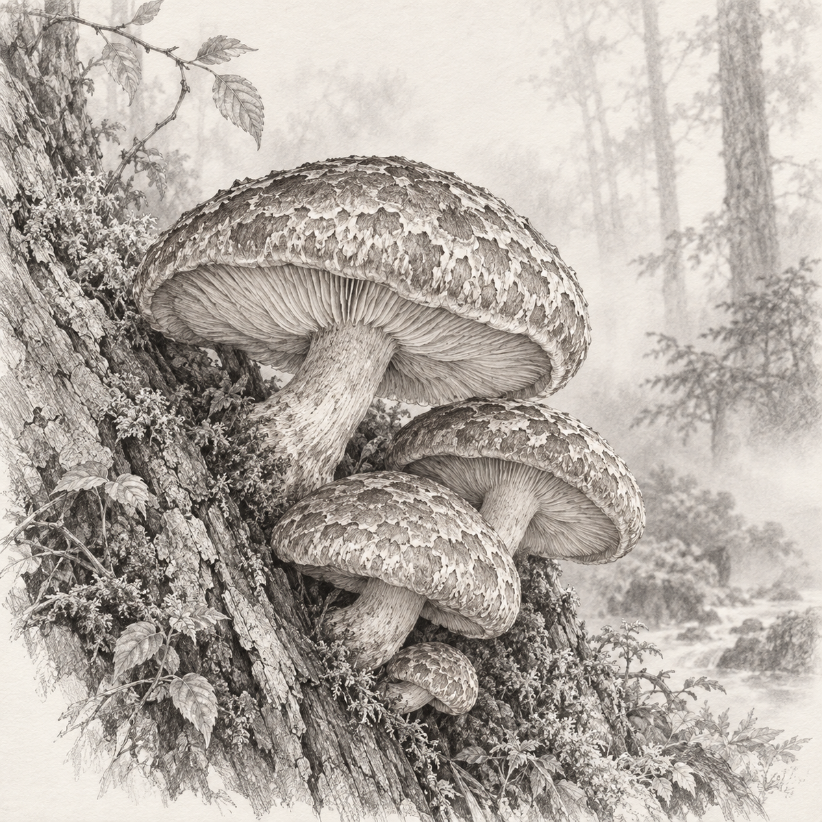 Shiitaké Lentinula edodes – illustration botanique MycoForce