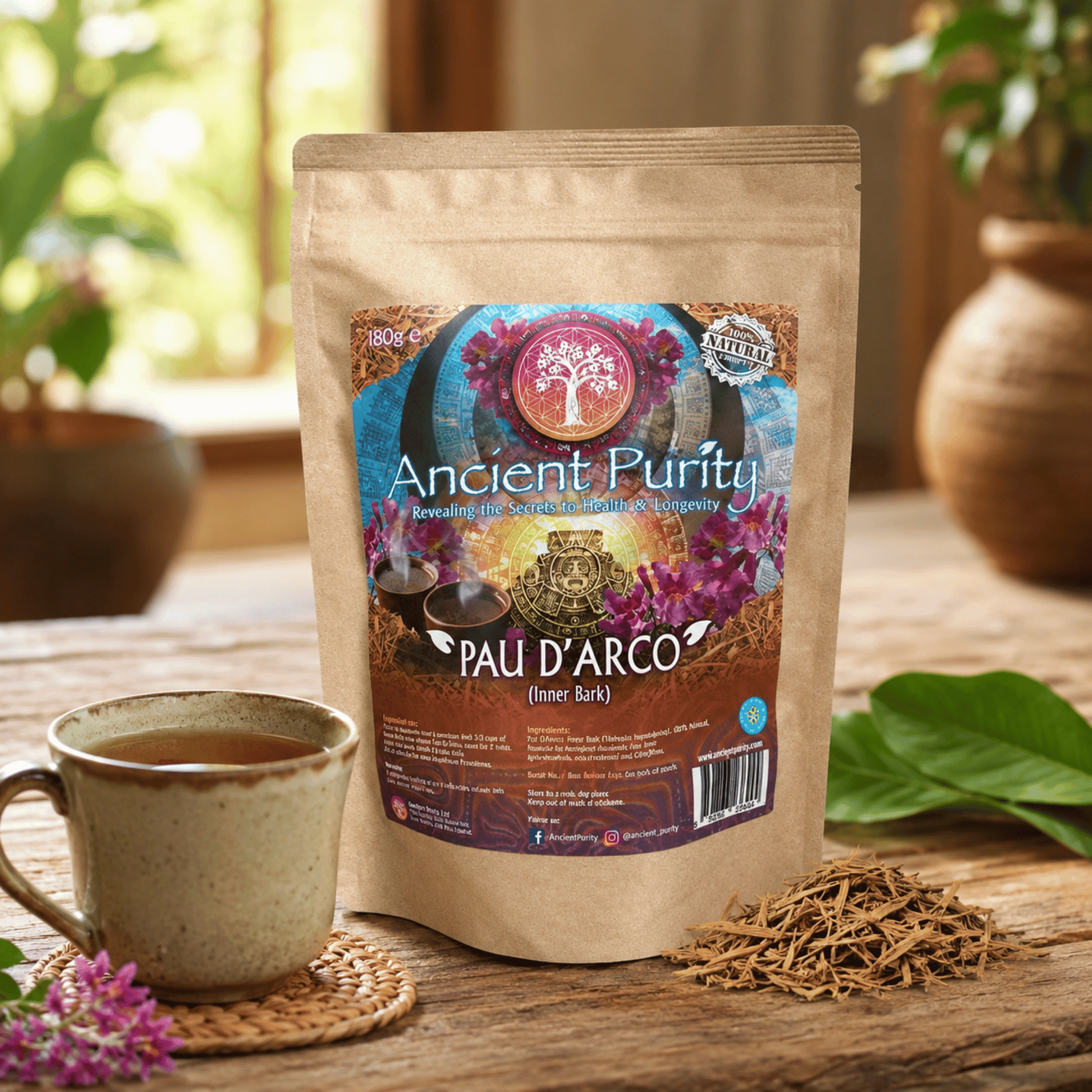 Pau d’Arco Lapacho Ancient Purity 180 g, écorce interne de Tabebuia impetiginosa pour infusion boisée et routine bien-être saisonnière.
