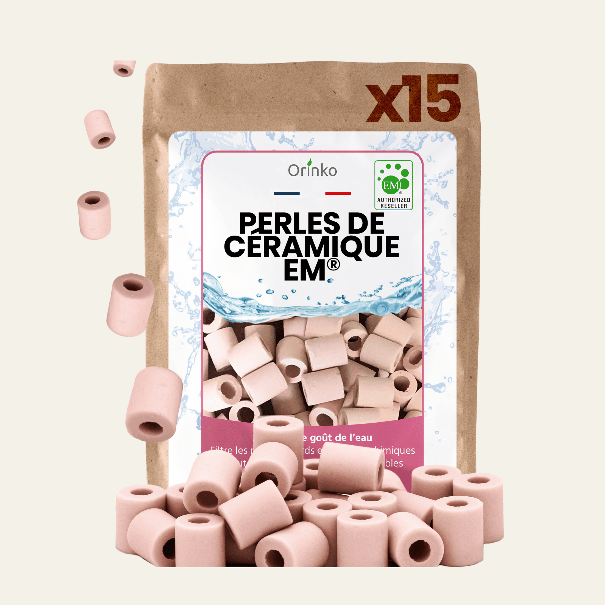 Perles de céramique EM roses x15 pour carafe, bouteille ou gourde. Une solution naturelle et zéro déchet pour améliorer l’eau du robinet.