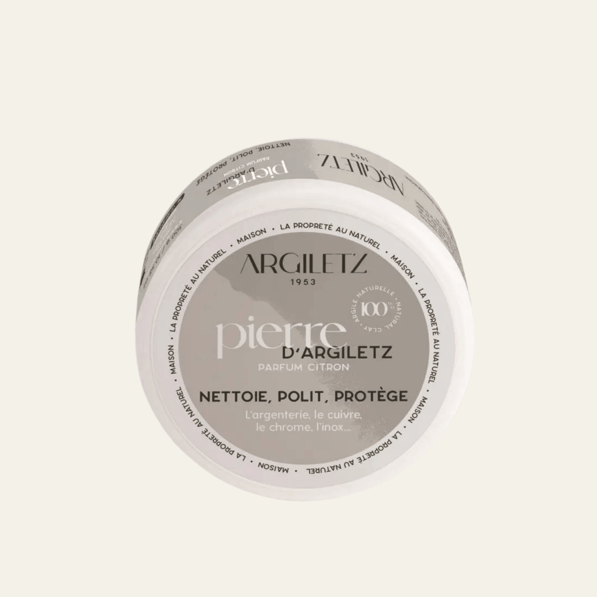 Pierre d’Argiletz citron 300 g, nettoyant naturel à base d’argile. Nettoie, polit et fait briller inox, cuivre, chrome et surfaces.