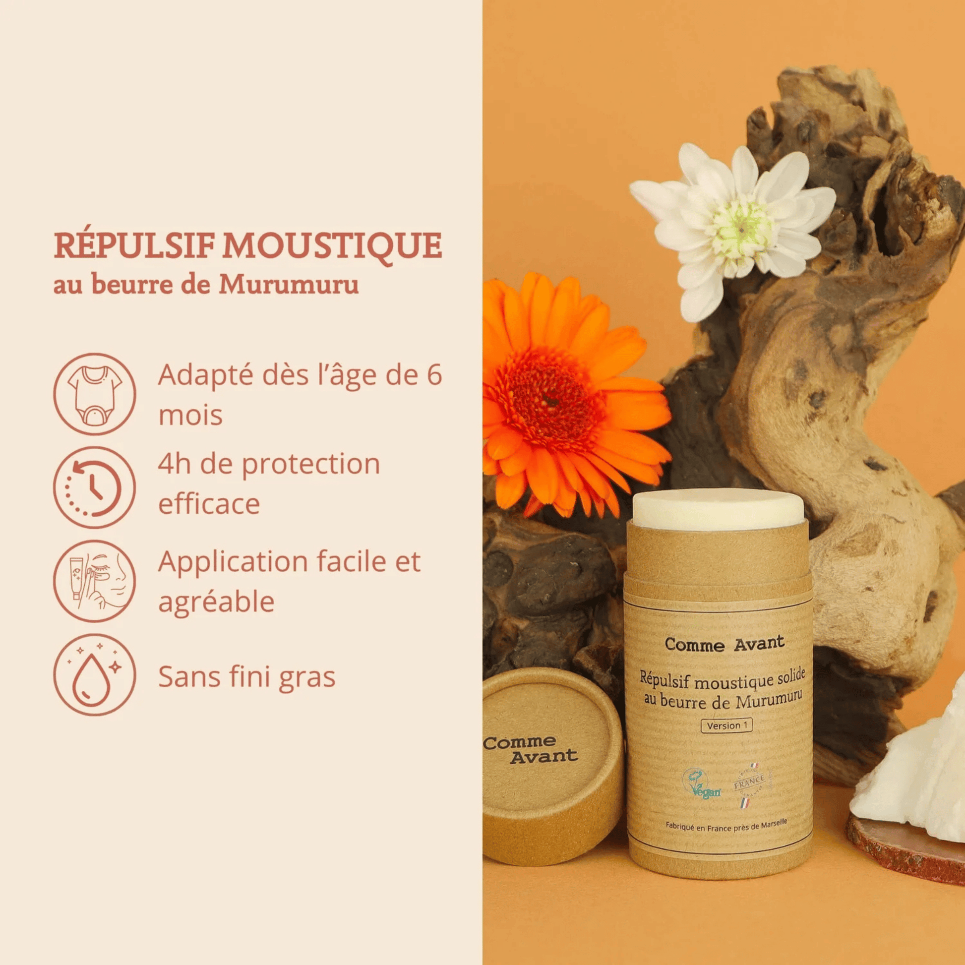 Répulsif anti-moustique solide Comme Avant 80 g au PMD végétal. Protège jusqu’à 4 h, sans alcool ni parfum, pratique en voyage.