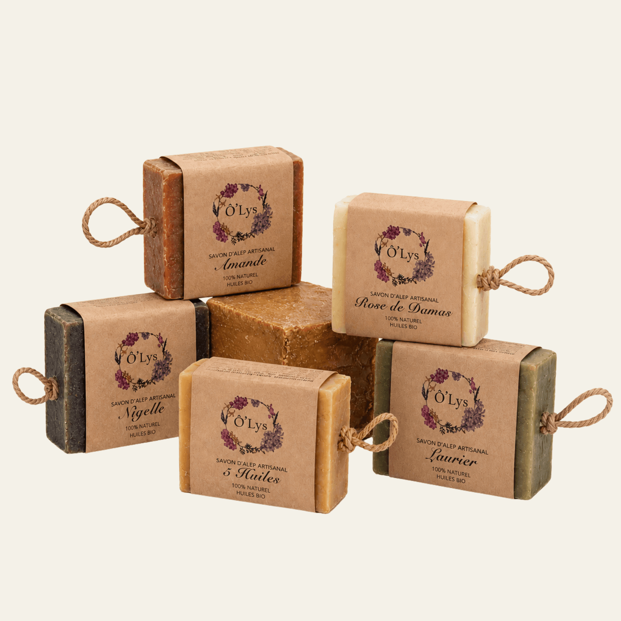 Savons d’Alep Ô’Lys en 100 g ou 195 g : traditionnel, laurier, amande, nigelle, rose de Damas ou cinq huiles. Vegan et sans huile de palme.