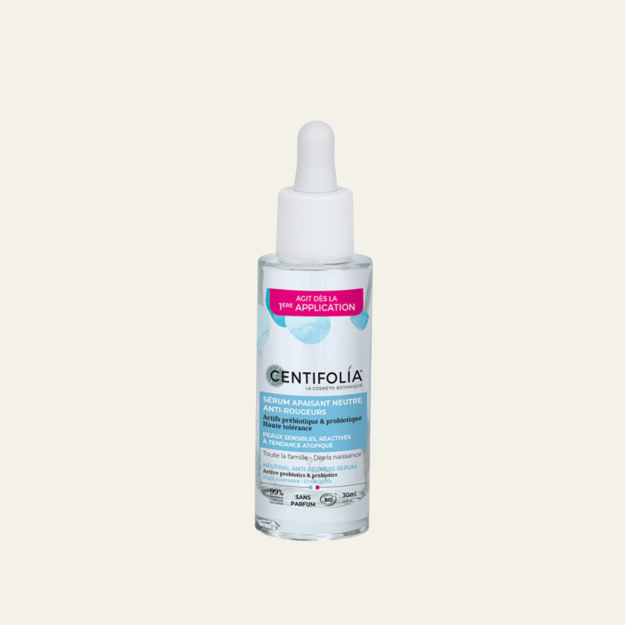 Sérum apaisant anti-rougeurs Centifolia 30 ml. Formule bio sans parfum avec prébiotique, probiotique, postbiotique, aloe vera et bisabolol.