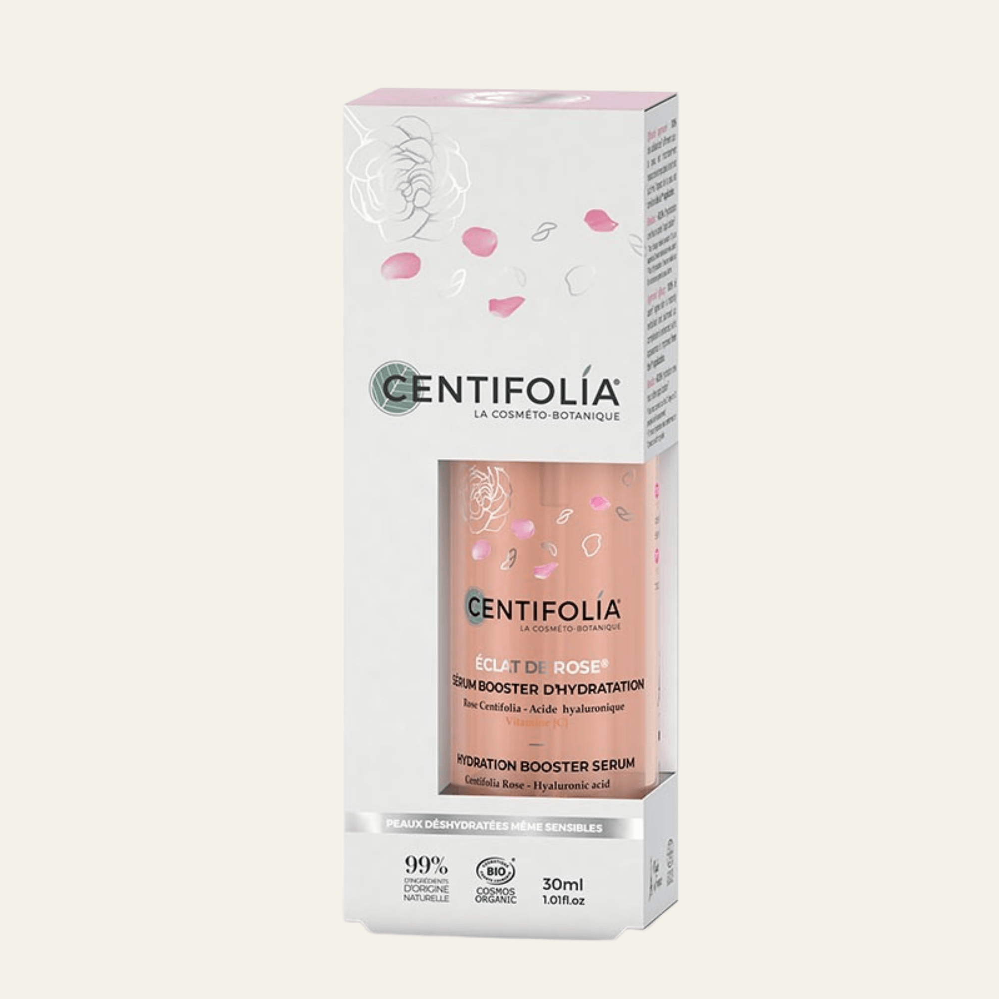 Sérum Booster d’Hydratation Éclat de Rose Centifolia 30 ml à l’acide hyaluronique, vitamine C et Rose Centifolia bio.
