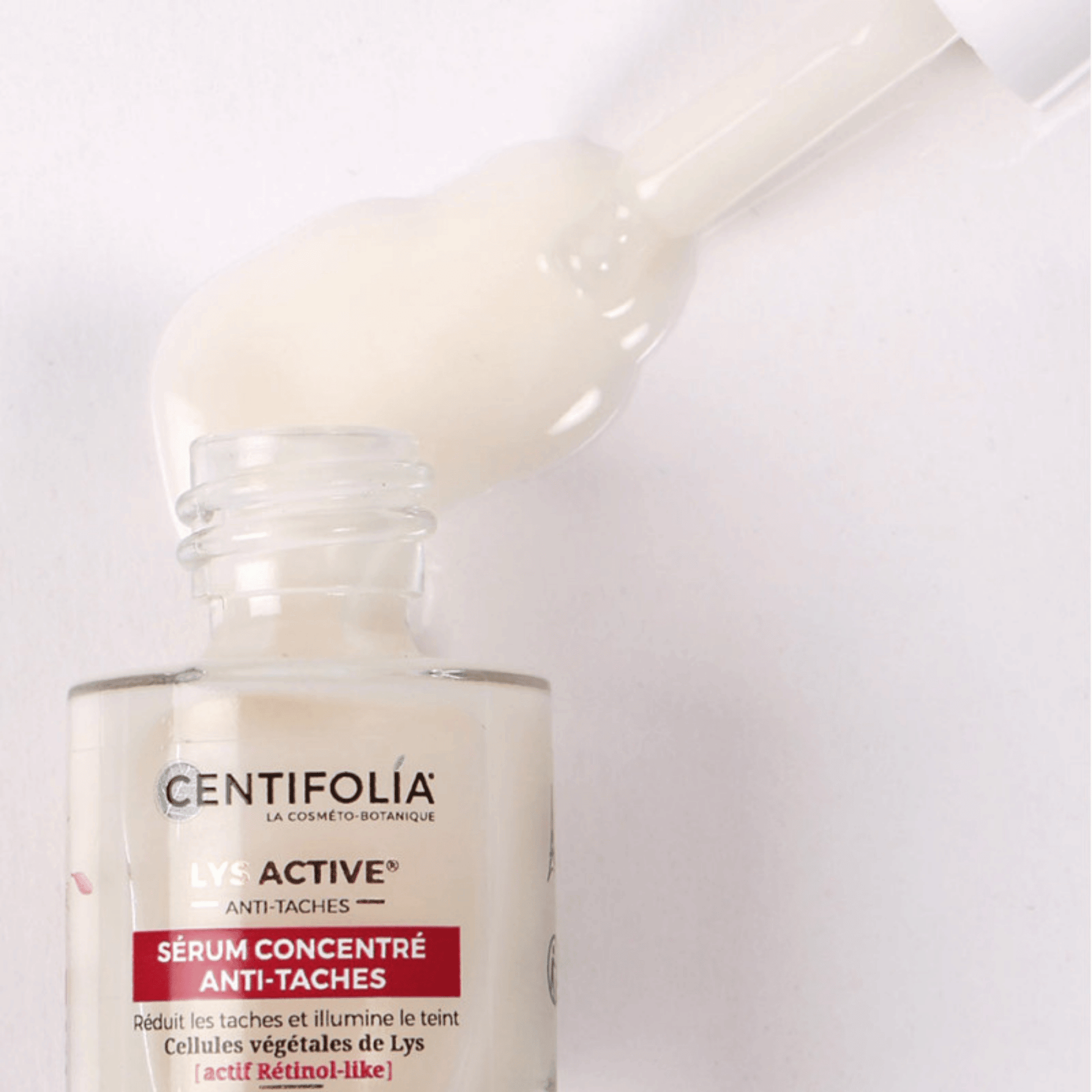 Sérum Concentré Anti-Taches Centifolia 15 ml aux cellules de lys, actif rétinol-like et algue rouge. Soin bio éclat et teint uniforme.