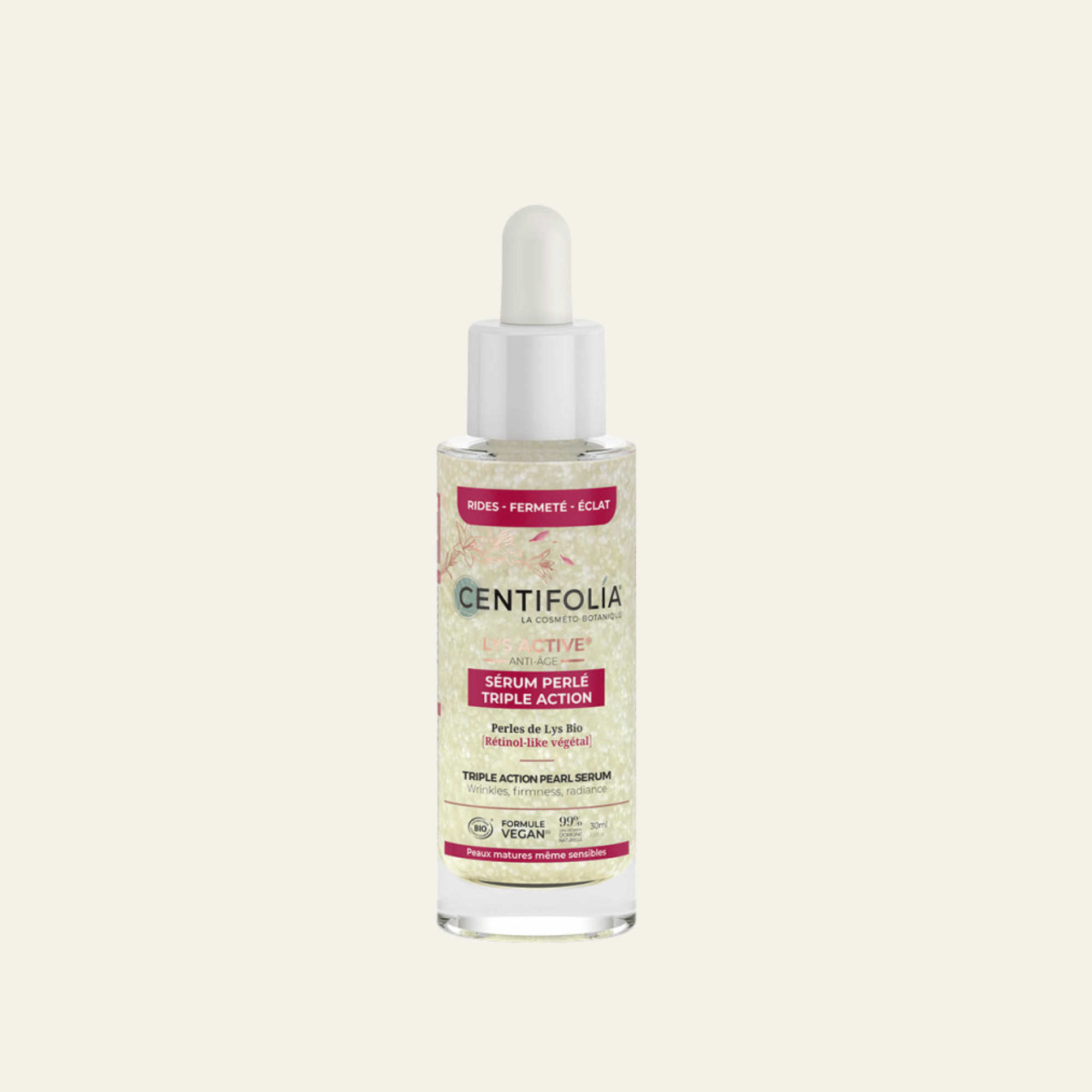 Sérum Perlé Triple Action Centifolia 30 ml aux perles de lys bio et actif rétinol-like. Soin bio rides, fermeté et éclat.