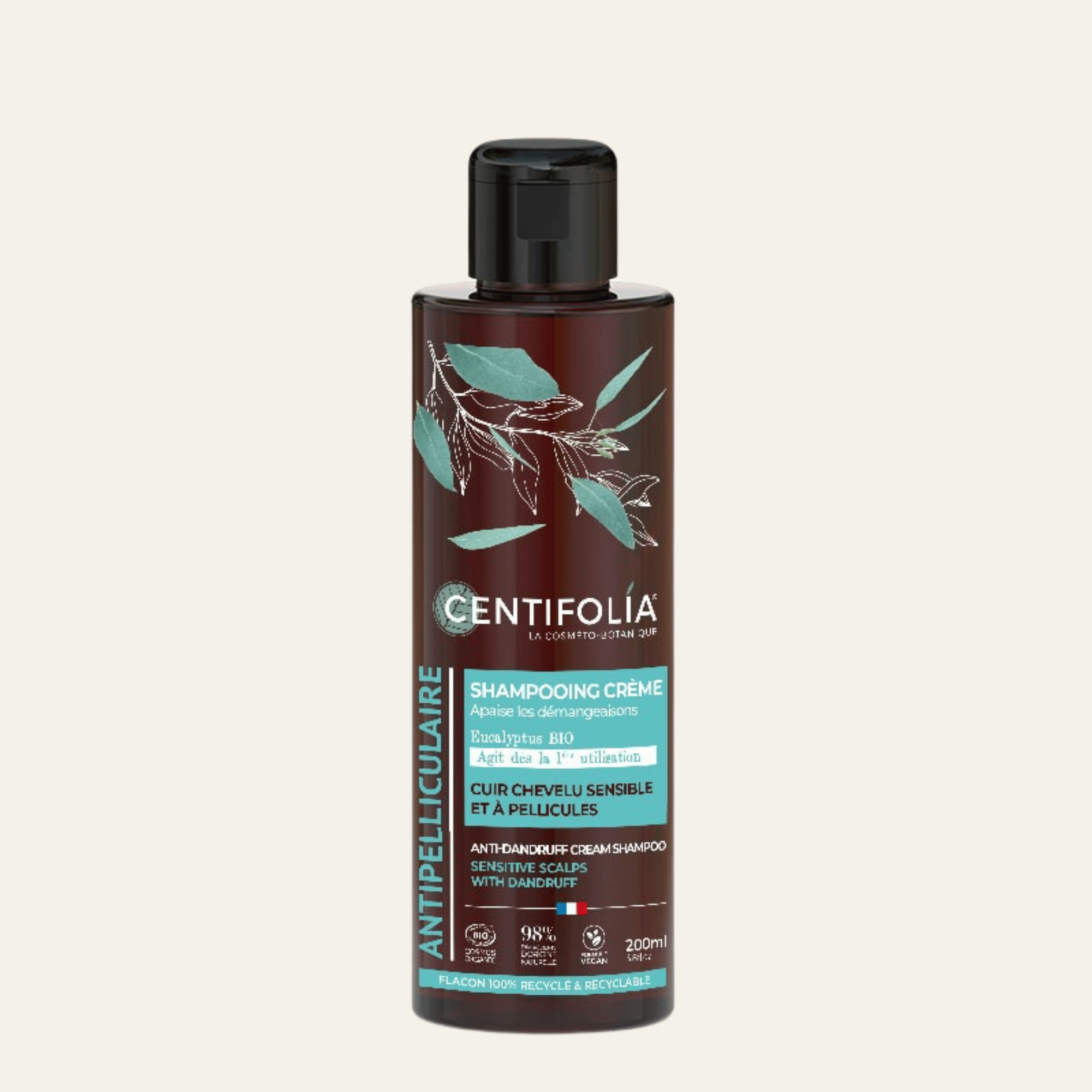 Shampooing crème antipelliculaire Centifolia à l’eucalyptus bio et Ziziphus joazeiro. Pour cuir chevelu sensible, pellicules et démangeaisons.