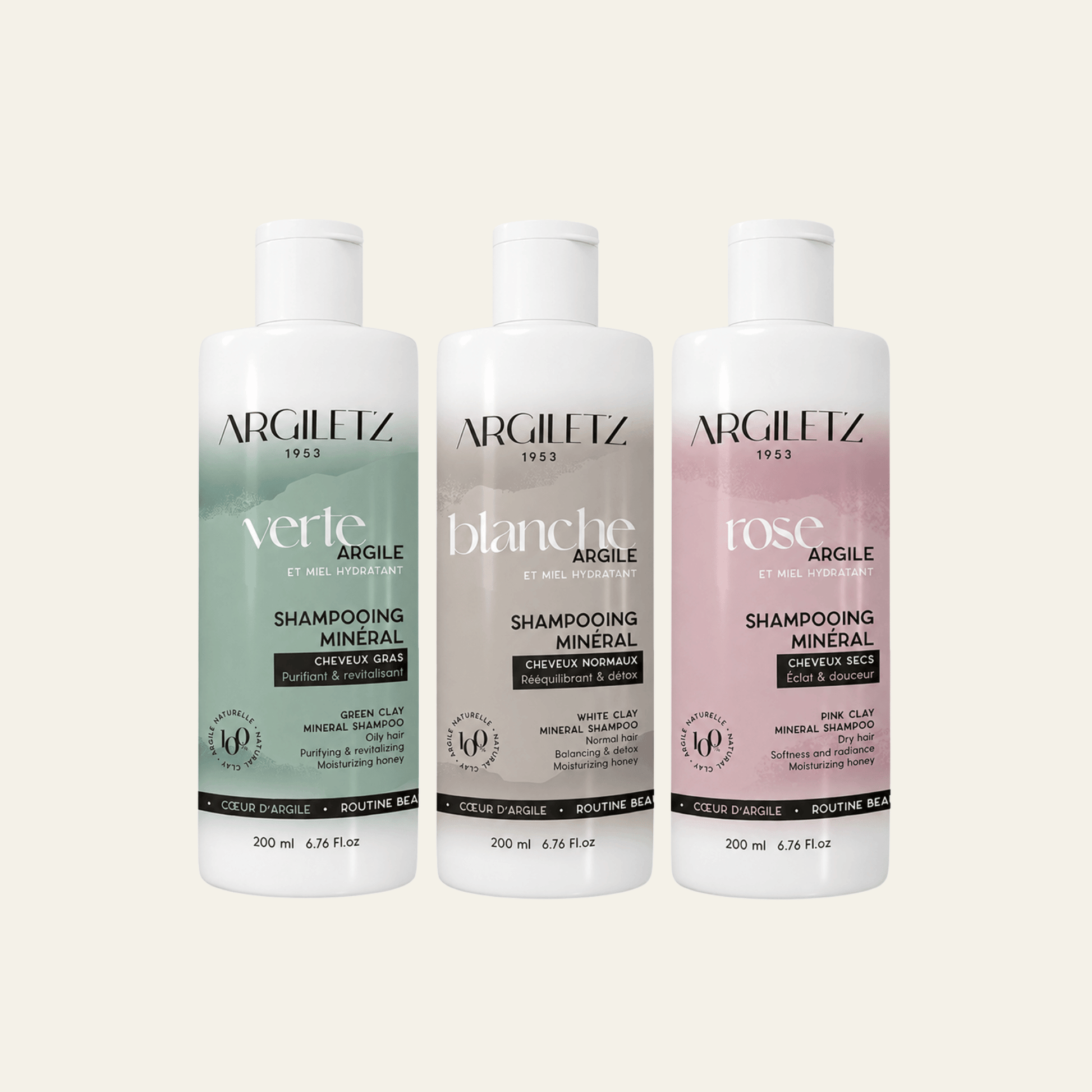 Shampooings Argiletz 200 ml à l’argile rose, blanche ou verte. Pour cheveux secs, normaux ou gras, avec miel, aloe vera et orange douce.