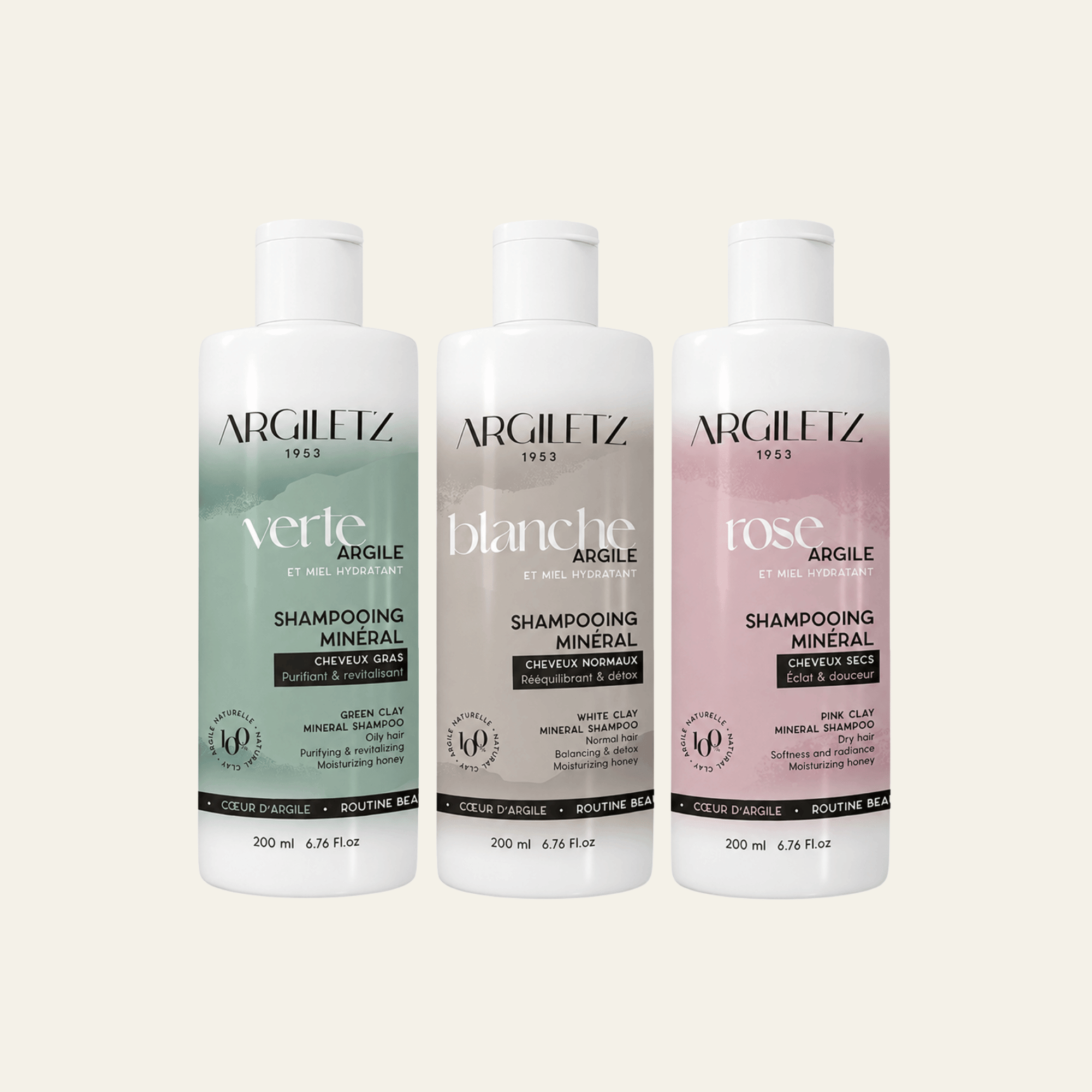 Shampooings Argiletz 200 ml à l’argile rose, blanche ou verte. Pour cheveux secs, normaux ou gras, avec miel, aloe vera et orange douce.