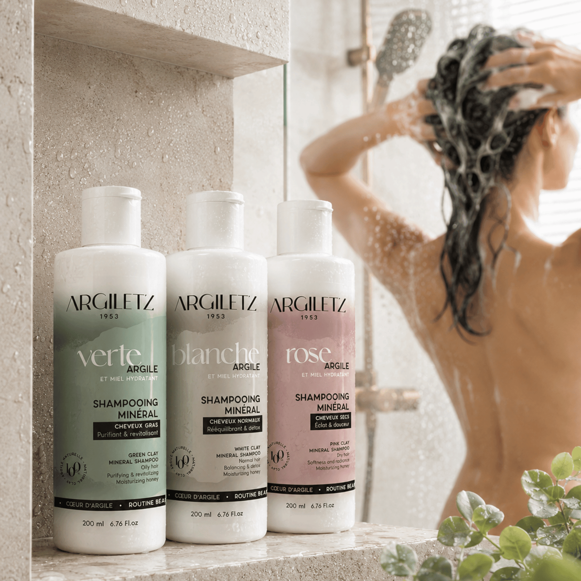 Shampooings Argiletz 200 ml à l’argile rose, blanche ou verte. Pour cheveux secs, normaux ou gras, avec miel, aloe vera et orange douce.