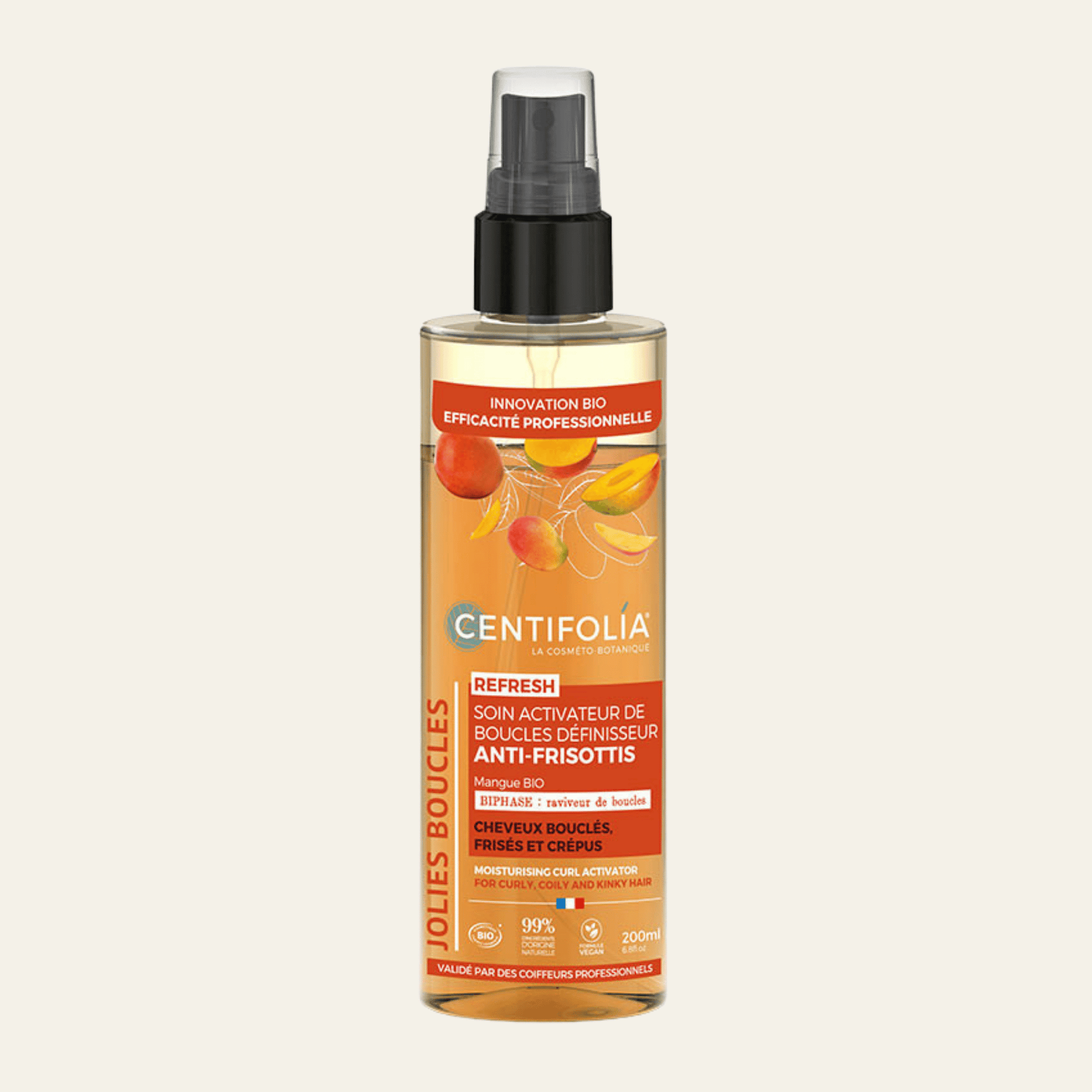 Soin activateur de boucles Centifolia sans rinçage, à la mangue bio et aloe vera bio. Ravive les boucles, contrôle les frisottis et redonne du rebond.