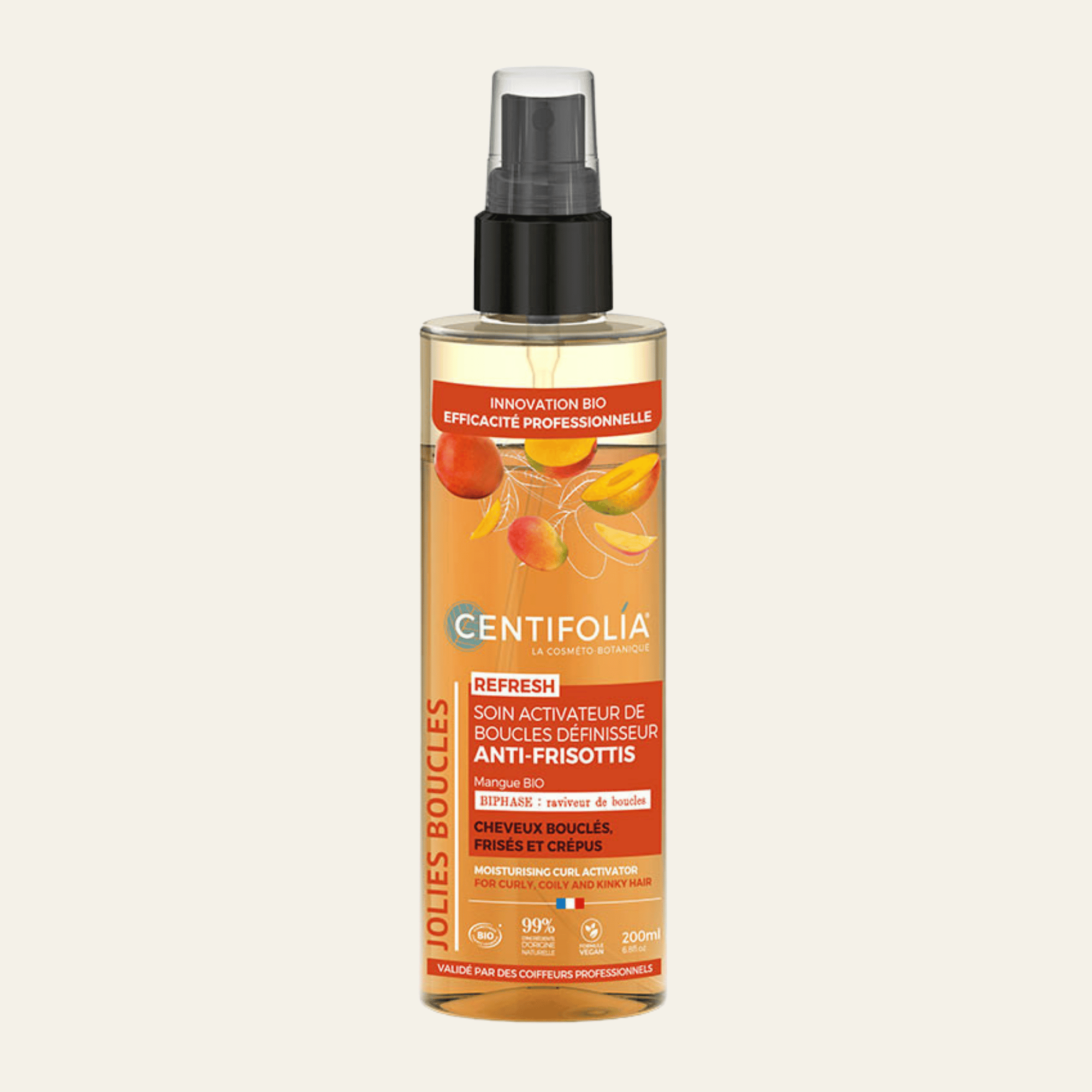 Soin activateur de boucles Centifolia sans rinçage, à la mangue bio et aloe vera bio. Ravive les boucles, contrôle les frisottis et redonne du rebond.