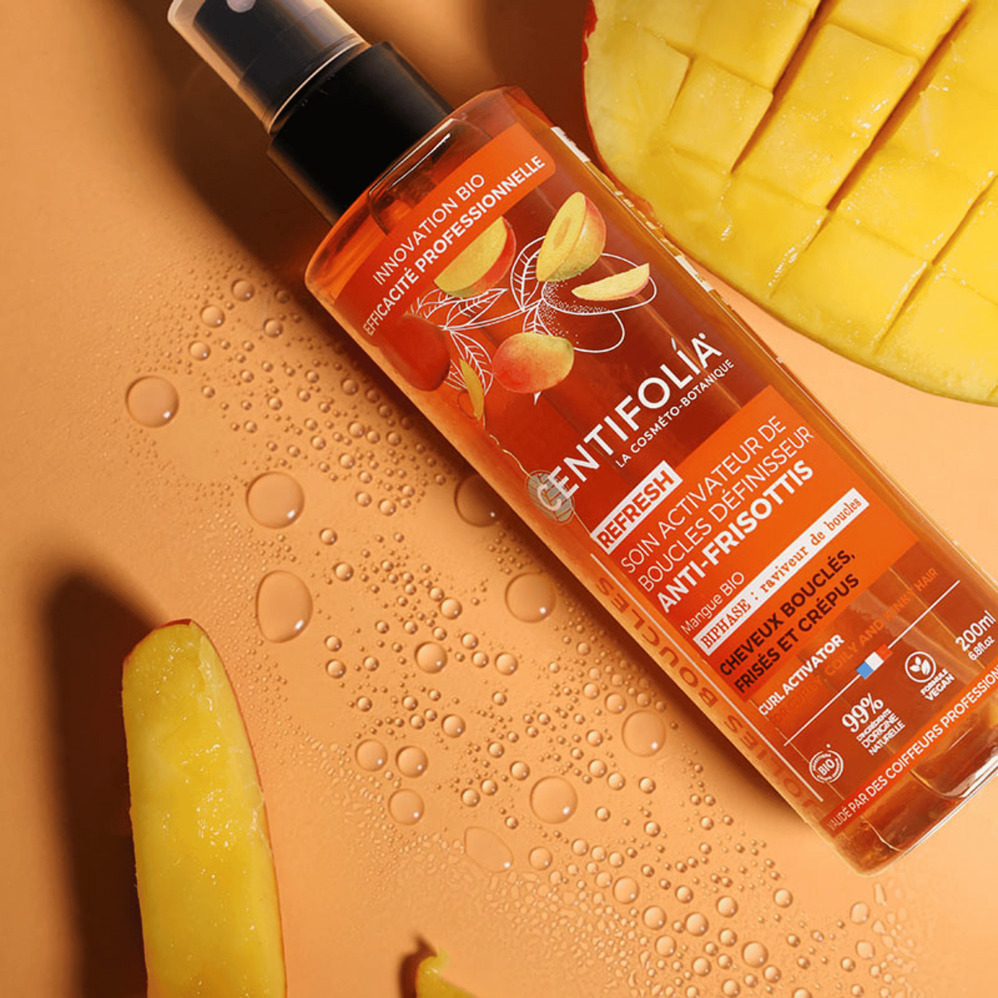 Soin activateur de boucles Centifolia sans rinçage, à la mangue bio et aloe vera bio. Ravive les boucles, contrôle les frisottis et redonne du rebond.